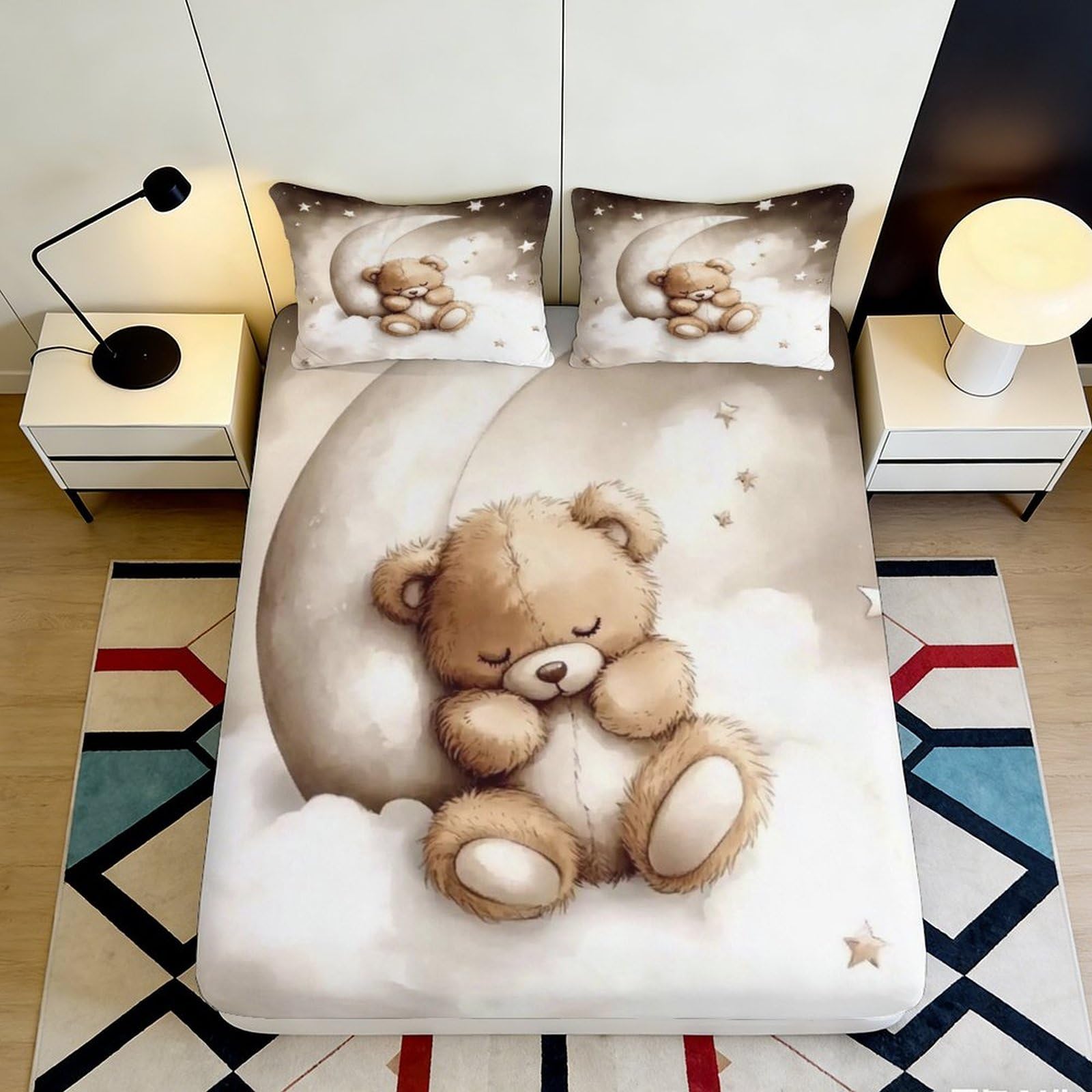 3D Printed Cute Teddy Bear Fitted Sheet Microfiber Soft Breathable Moon and Stars Mattress Cover for Bedroom Dormitory Guest Room Protection Decor 180x200x25cm