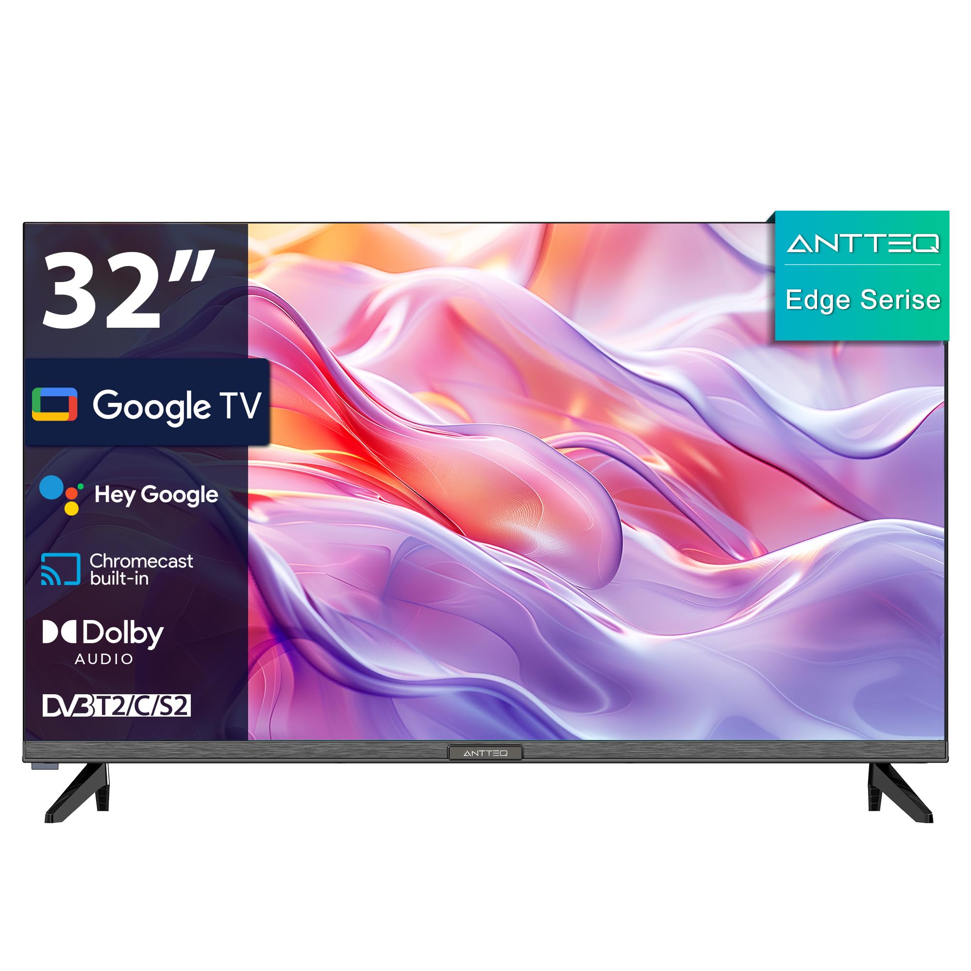Antteq G32 Smart TV 32 Pouces sans Bord (Television 80 cm) HD, Voice Assistant, Wi-FI, Dolby Audio, Bluetooth 5.1, Triple-Tuner (DVB-T/T2-C-S/S2), 3 HDMI, USB, Netflix, Youtube, Prime Video