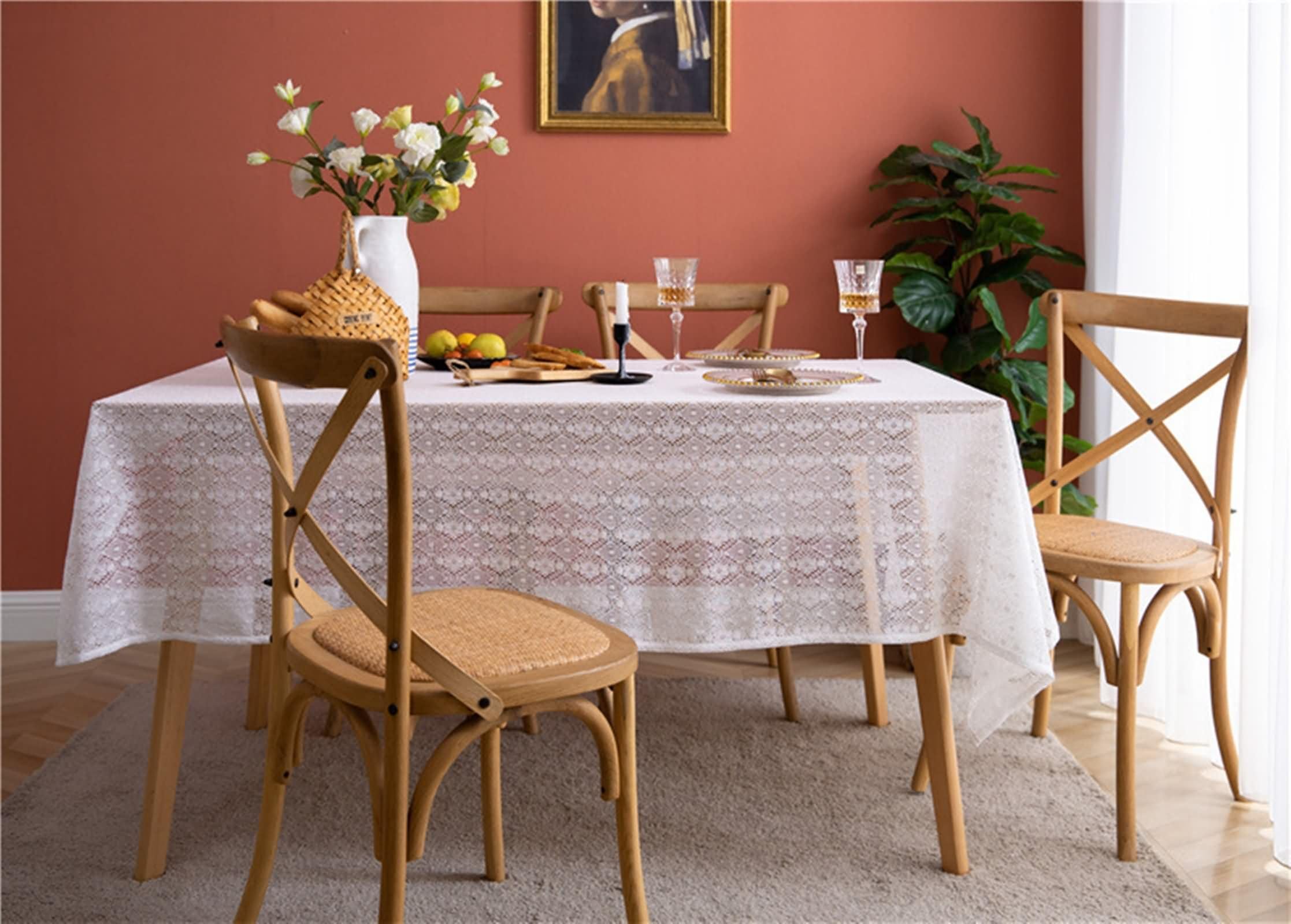 Weiß Tischdecke Rechteckig 150 x 300 cm, Baumwolle Blumenstickerei, Tischdekoration für Party