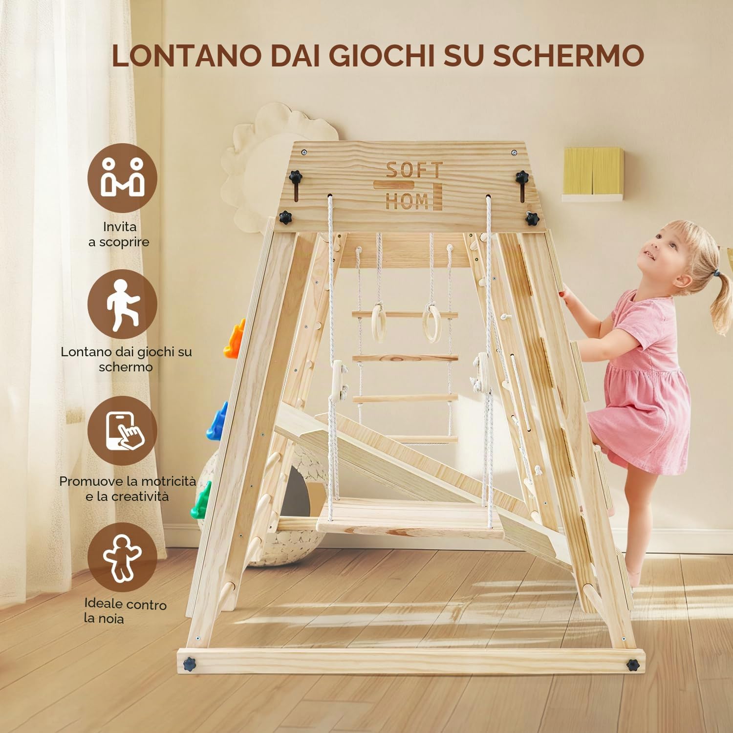 Maxi Telaio da Arrampicata per Interni, Bambini dai 1 anno in su, 10 in 1 Telaio da Arrampicata per Bambini, Montessori Parco Giochi, Lavagna, Oscillazione, Skateboard, Parete da Arrampicata