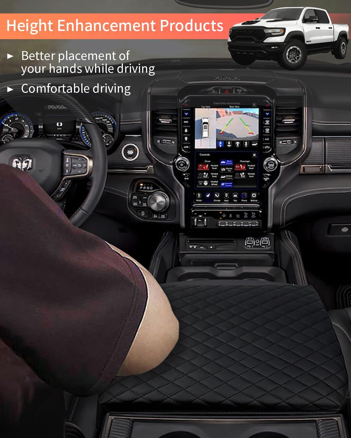 Center Console Cover for 2019-2025 Ram 1500 Center Console Cover, Armrest Cushion Pad Cover, PU Leather for 5th Ram 1500 Armrest Cushion Pad Cover Anti-Scratch for Ram 1500 Accessories