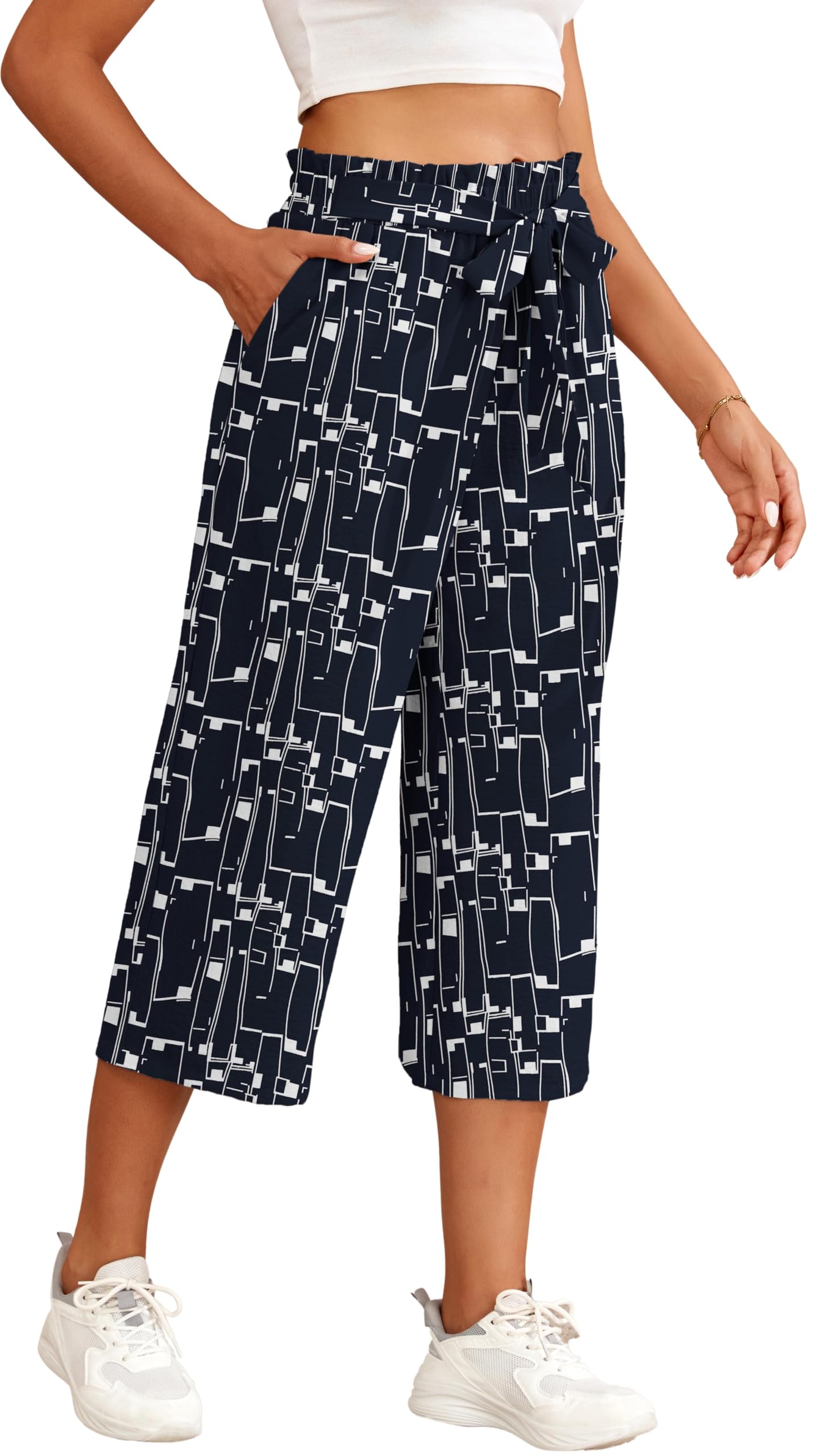 Damen 3/4 Culotte Hose Leichte Weites Bein Sommerhose mit Taschen
