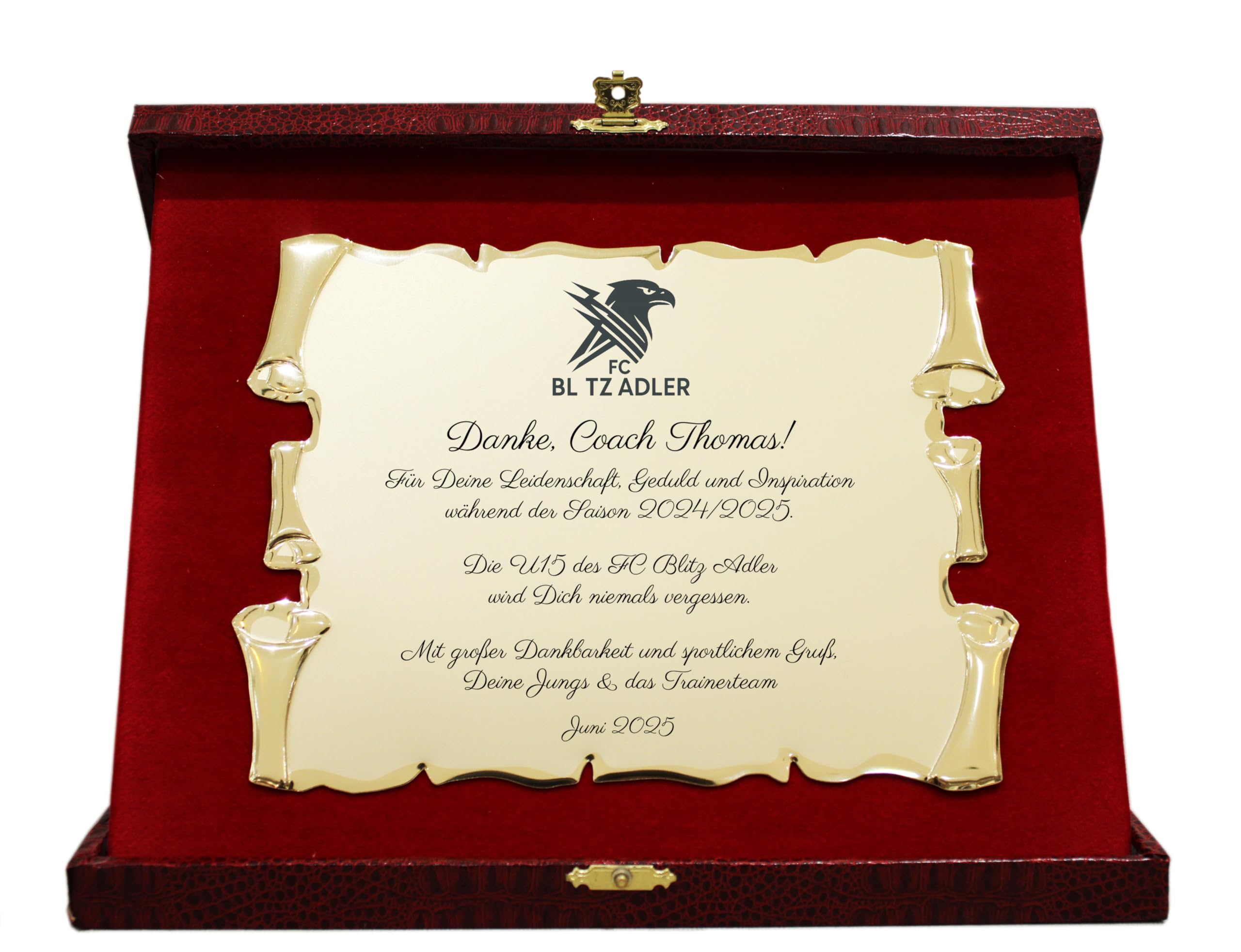 Personalisierbare Gedenktafel mit Text & Foto | Gold-Aluminium | Geschenkbox Bordeaux | Für Ruhestand, Abschluss, Hochzeit, Jubiläum, Ehrung | 20x15 cm