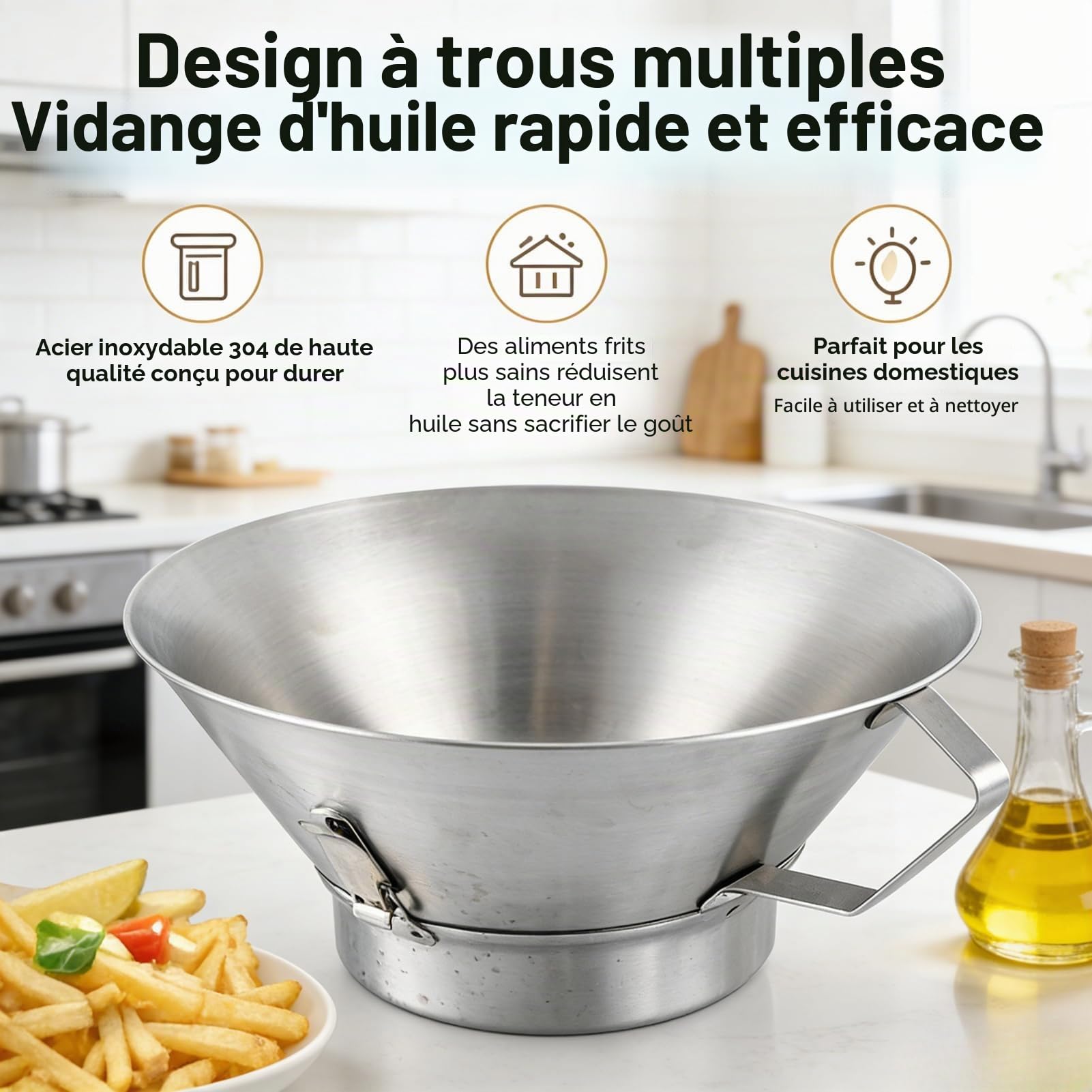 Passoire à huile pour frites en acier inoxydable 304 – Entonnoir à graisse avec bol d’égouttage et récipient de récupération d’huile – Accessoire de cuisine domestique et commerciale