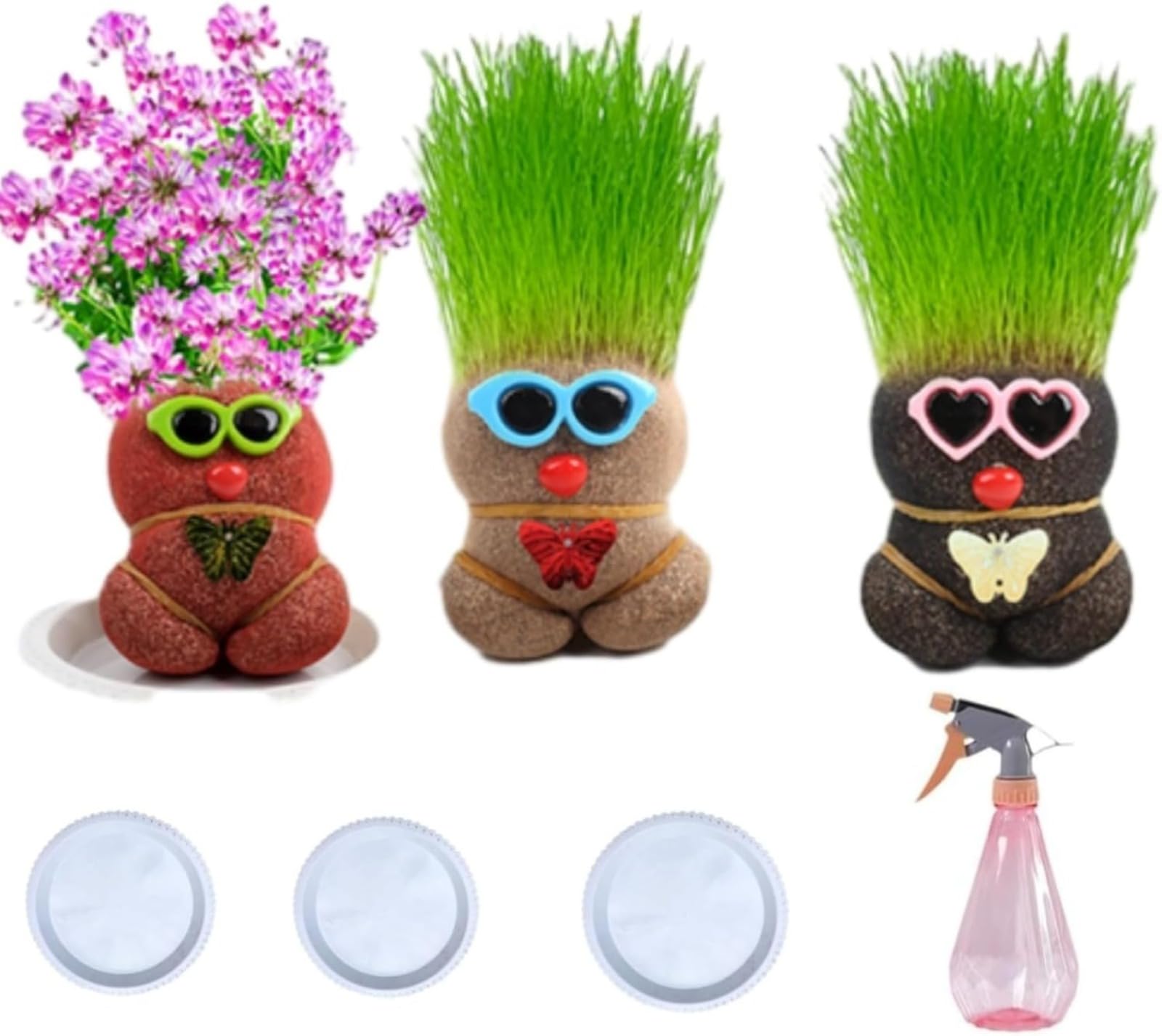 Mini Bonsaï Répulsif pour Moustiques Plante Poupée Tête d'Herbe avec Plateau 3 Pièces