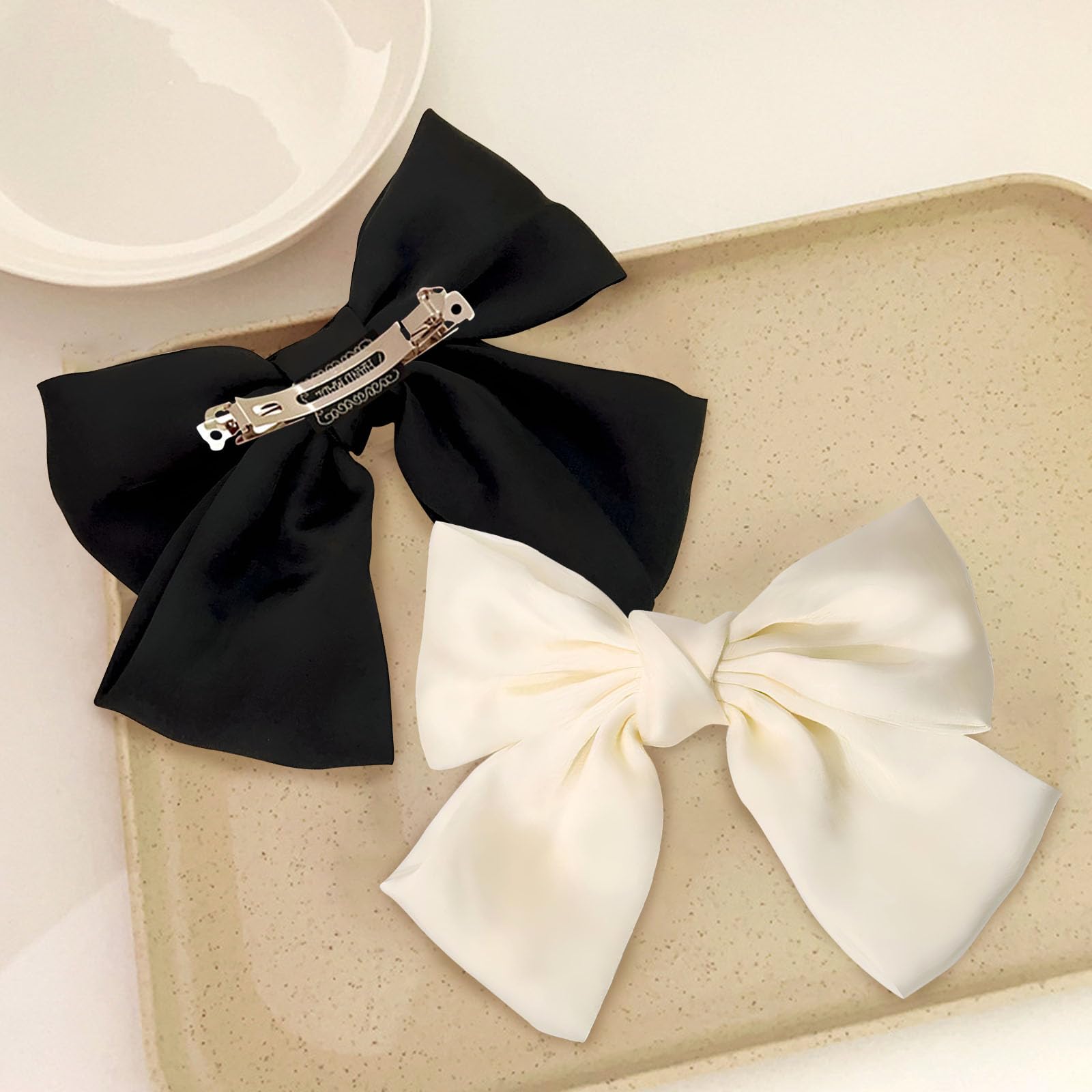 2Pcs Big Bowknot Hairpins for Women Girls French Ribbon Solid Color Satin Silky Barrette Clips,Bow Hair Clip, (Black White) - Image 2
