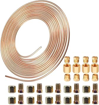 32.8Ft.10m Copper Coated Brake Pipe Tubing, 3/16" Automotive Replacement Kit with 20 Nuts Fittings and 12 PCS Brake Line Fittings Assortment