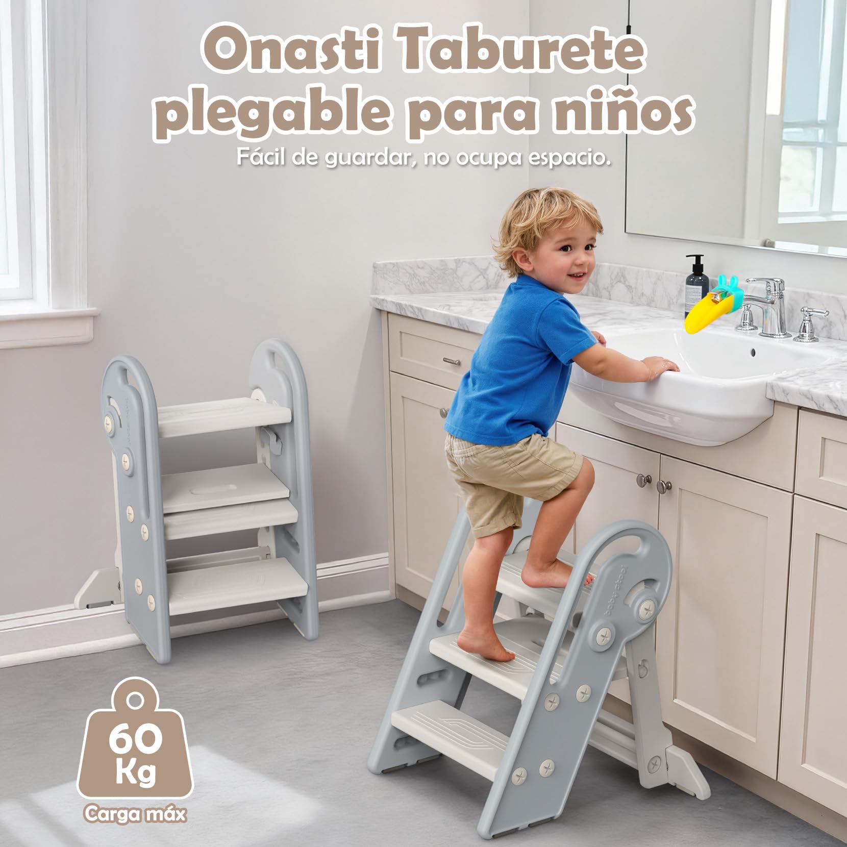 Onasti Taburete Niños Plegable, Escalon Infantil, Escalón Ajustable de 2 a 3 Niveles, Multifunción, Antideslizante, para Baño, Cocina, Inodoro y Lavabo(Gris Blanco)