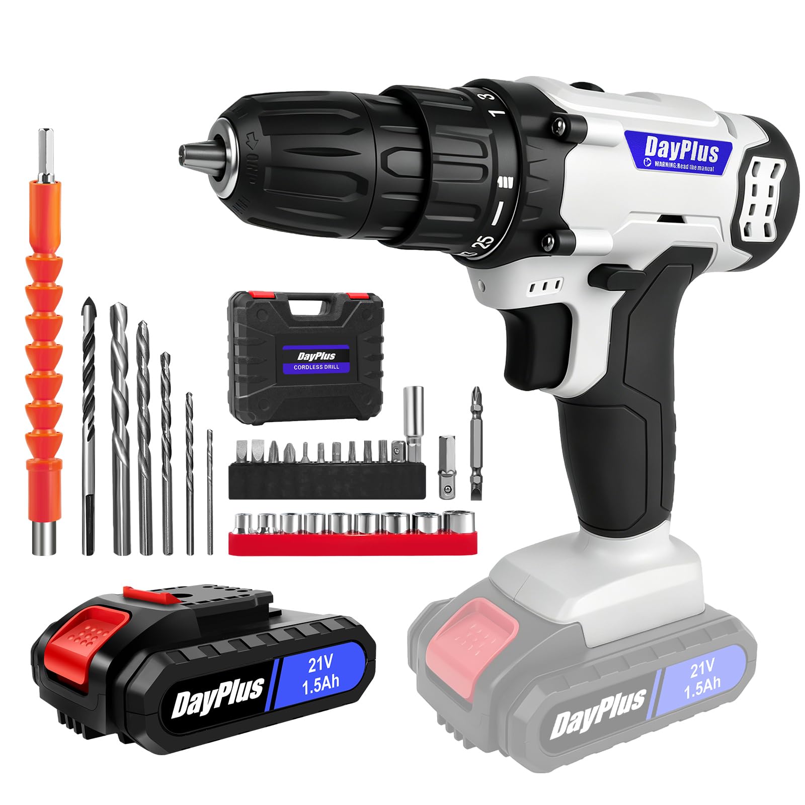 21V Cordless Drill Set, Electric Power Drill with 1 Battery, 3/8'' Keyless Chuck, 45Nm, 25+1 Torque, 2 Variable Speeds,29pcs Drill Bits & LED Electric Drill Set for Home and Garden DIY (White)