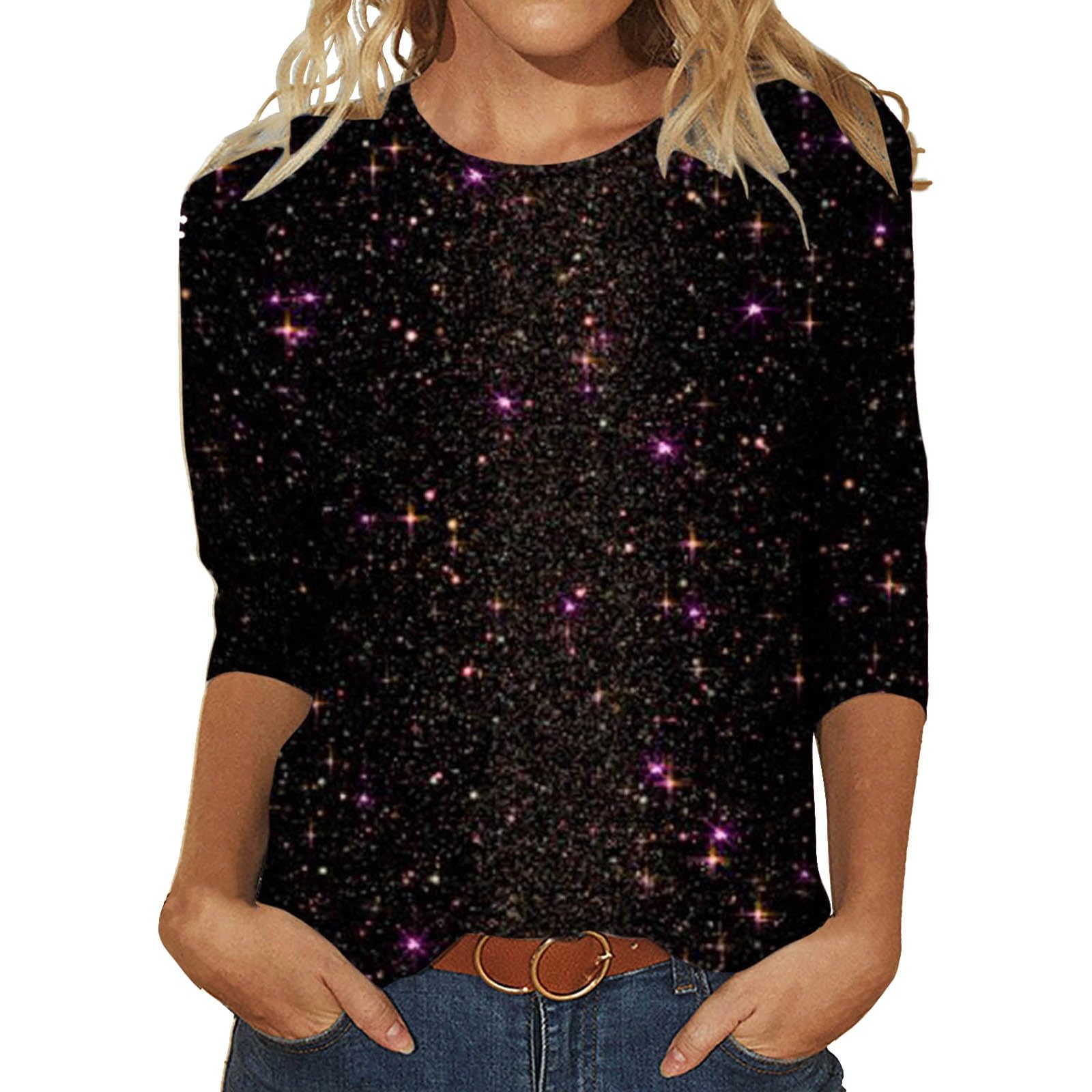 OBiQuzz Camiseta de lentejuelas para mujer, manga 3/4, blusas festivas, túnica brillante, cuello redondo, blusa, tallas grandes, túnica, manga corta, camisas elegantes, camisetas de verano, fiestas,