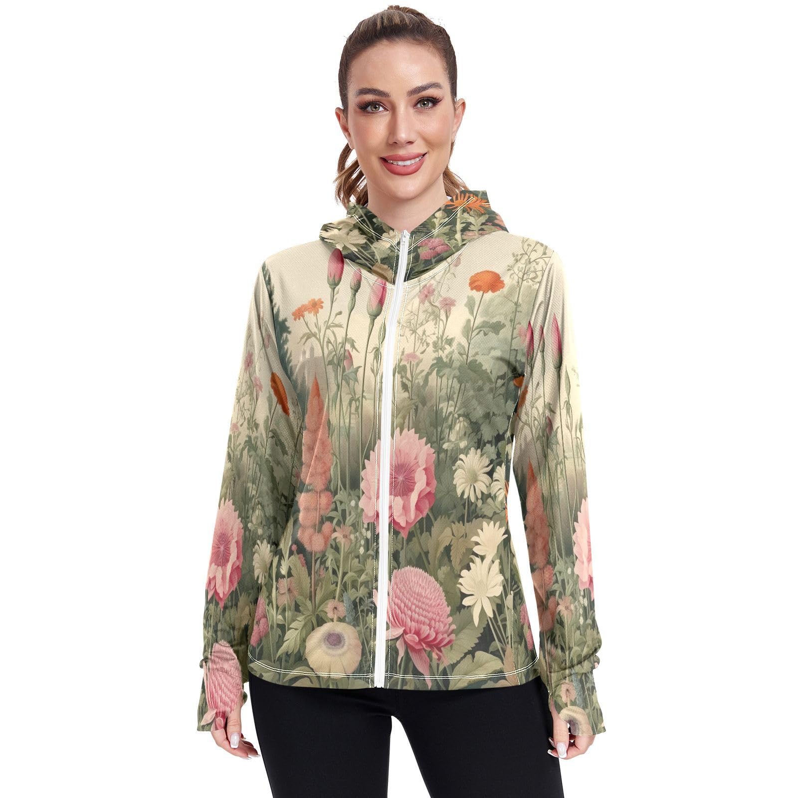 Kigai Flower Women's UPF 50+ Sun Protection Hoodie Jacket with Pocket Zip Long Sleeve Sun Shirt for Gardening Hiking Outdoor