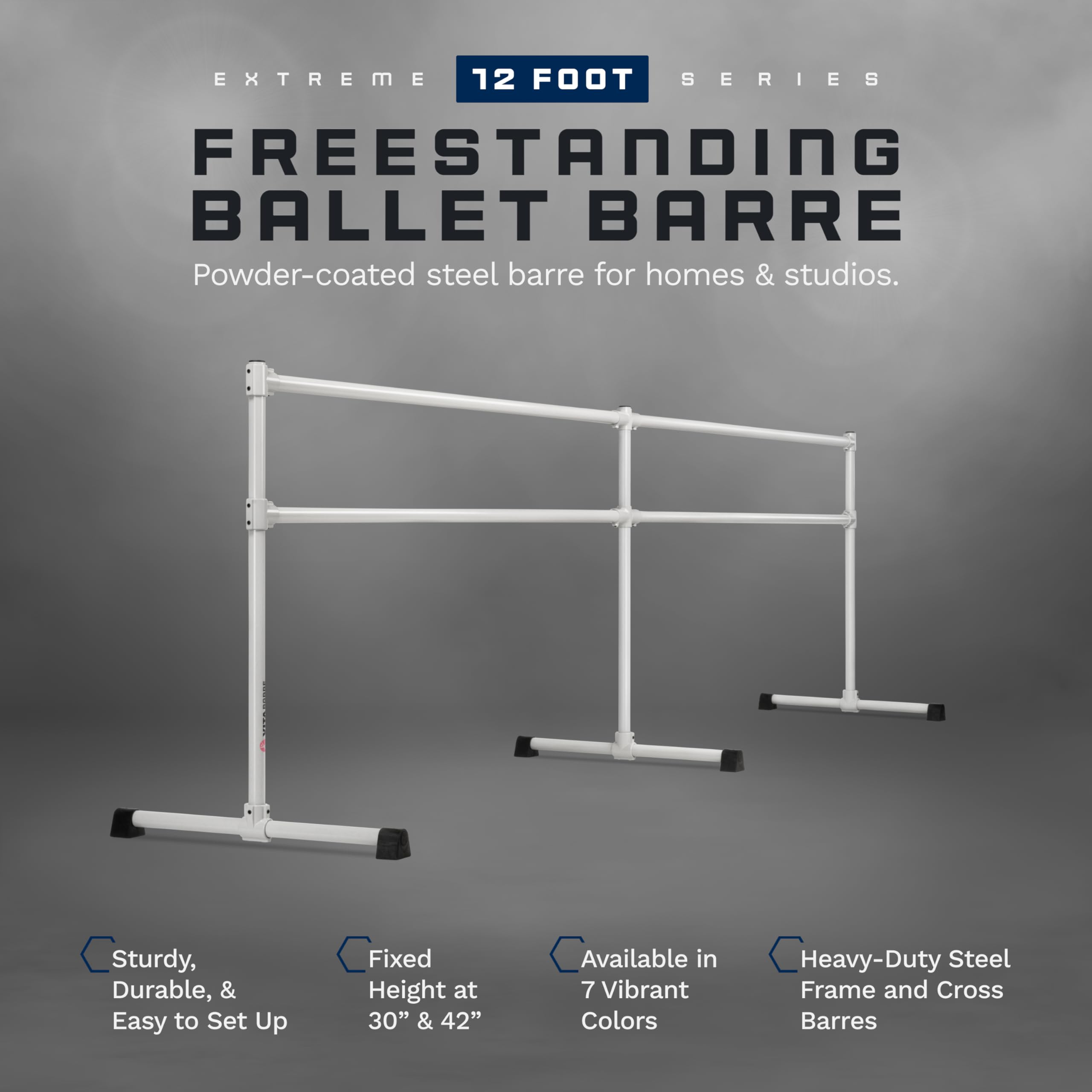 VITA Barre Portable Freestanding Double Ballet Barre, Extreme, 12 Ft Bars, Satin Silver, Steel | Fixed Height, Made in USA, Home or Gym Exercise Equipment for Kids & Adults | Dance, Fitness, Pilates