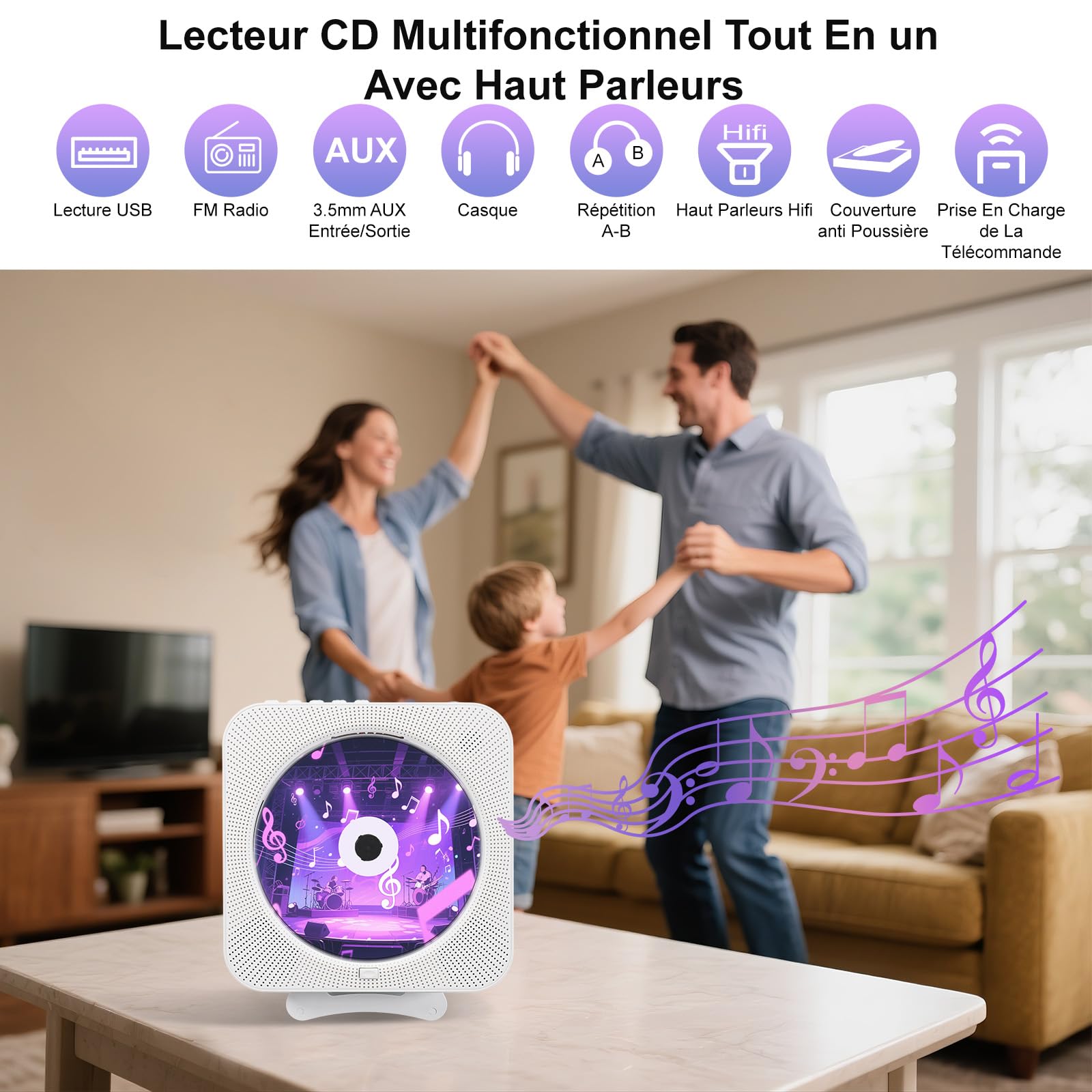 Lecteur CD Portable Bluetooth, Lecteur de CD de Bureau avec Haut-Parleur HiFi Intégrés, écran LED Audio avec Télécommande Prise Radio FM USB AUX, Blanc
