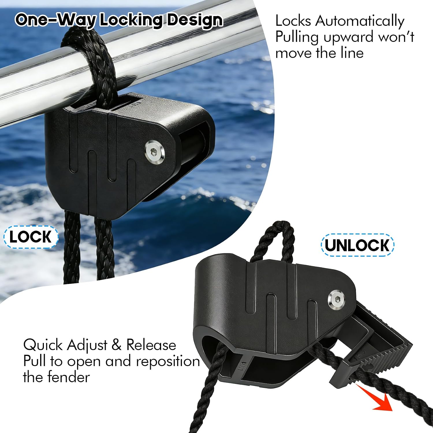 Boat Fender Clips Quick Release Adjustable Boat Fender Hanger for Rails and Cleats, Boat Bumper Holder Adjuster for Pontoon and Dock Protection