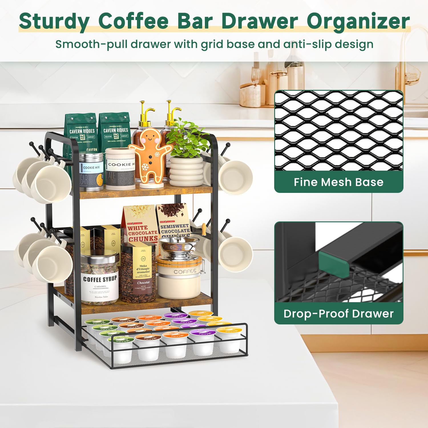 EsLuker.ly Organizer da bar con ripiano per tazze da lavoro, supporto per tazze da caffè a 3 livelli con 12 ganci per casa e ufficio, cassetto organizer per capsule K Cup, mantiene gli oggetti