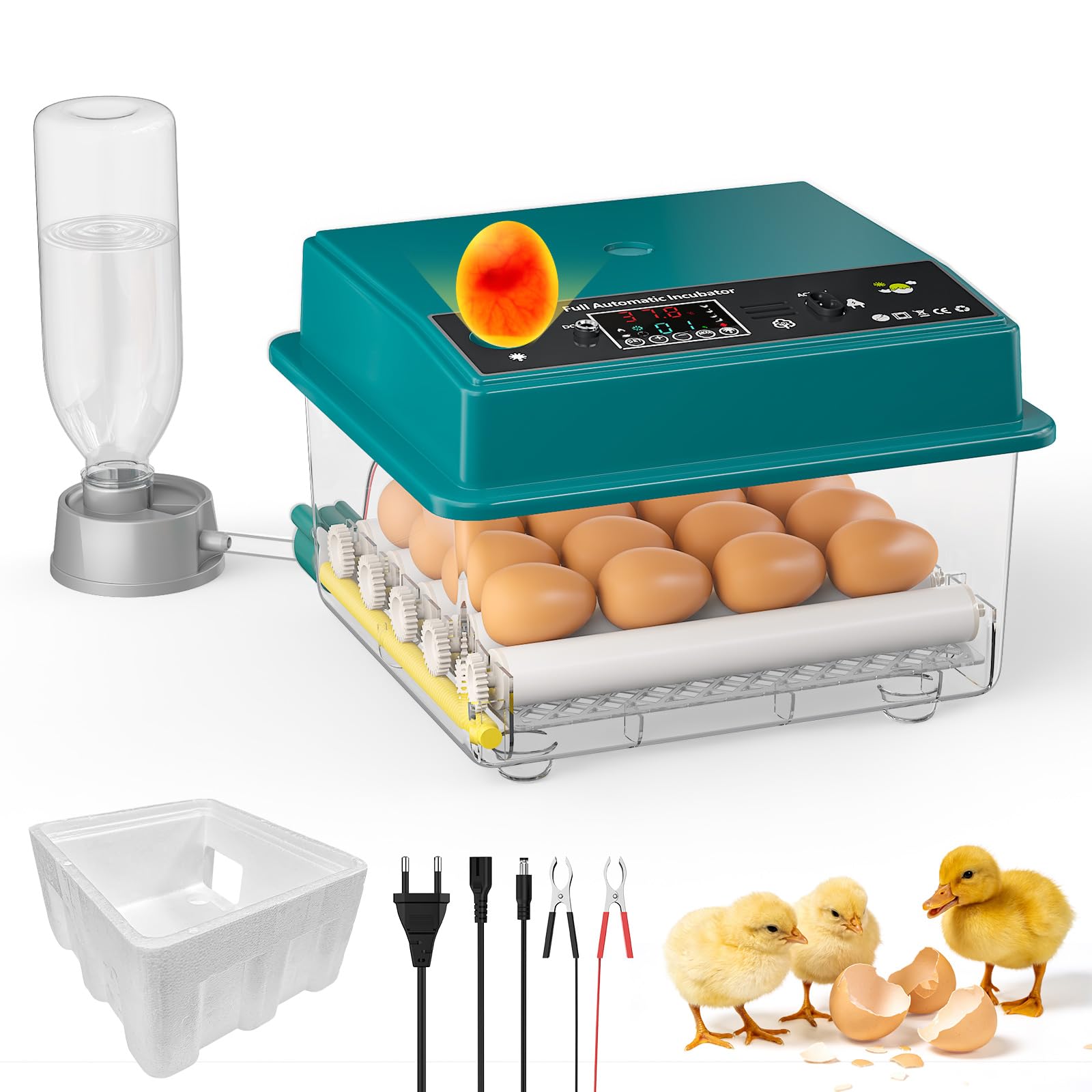 Incubadora Huevos Gallina, Incubadora de 16-64 Huevos con Volteo Automático de Huevos y Humidificación Automática, Fuente de Alimentación Dual, Pantalla LED, Lámpara de Huevo (16 Huevos)
