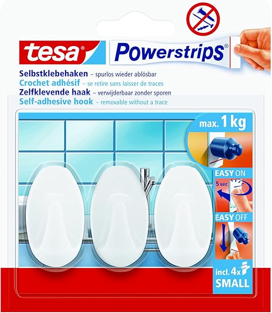 tesa Powerstrips Hooks Small OVAL - Removable Self-Adhesive Wall Hook for Glass, Tiles, Wood, Plastic and Other Surfaces - Waterproof - White - Strong Hold up to 1 kg