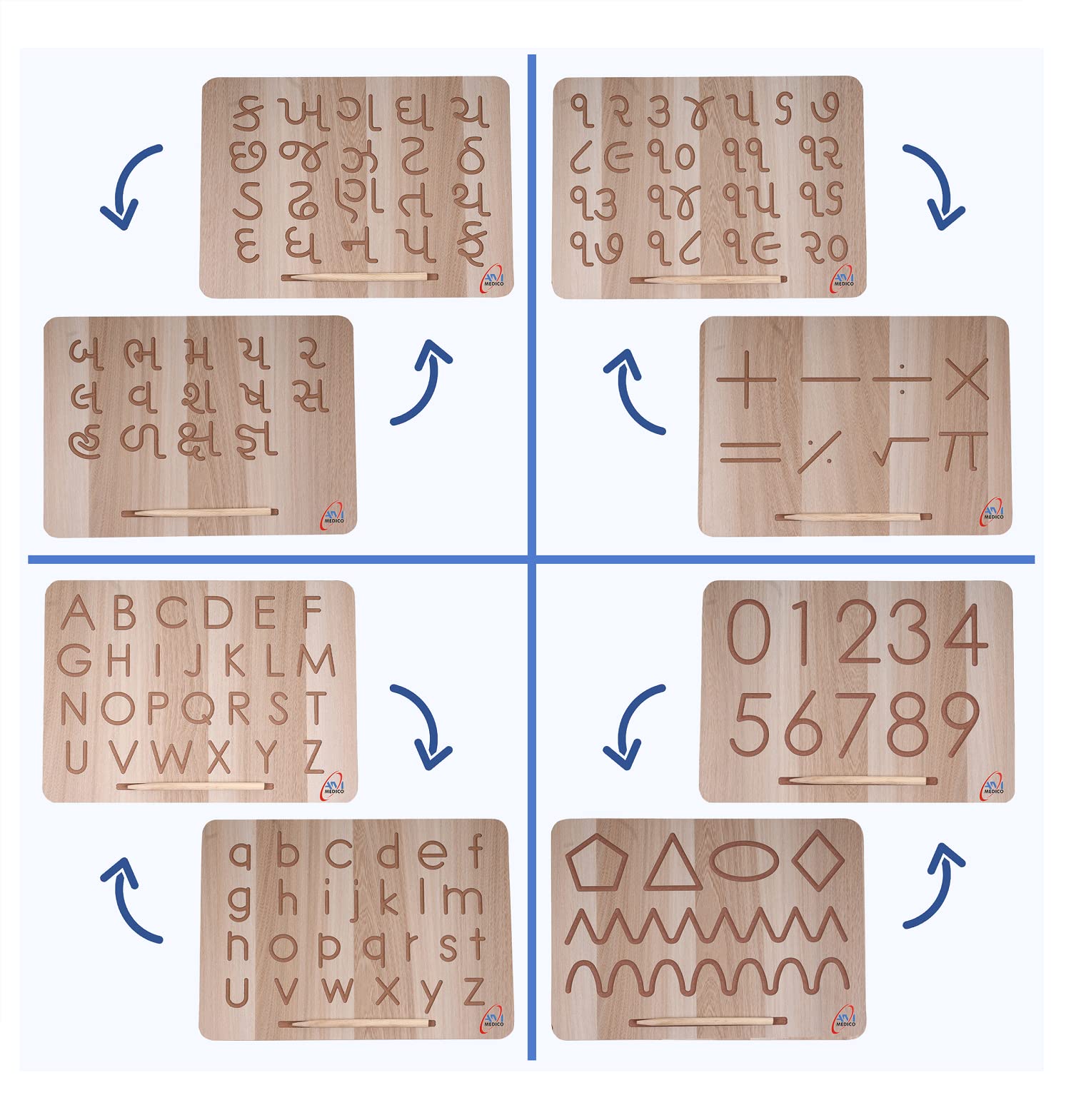 A M MEDICOGujarati Alphabet Number English ABCD Capital Small Patten Number Traching Learning & Educational Puzzles Wooden Board for Kids Handwriting Practice Writing Reading 2+ Years Kids (4 Board)