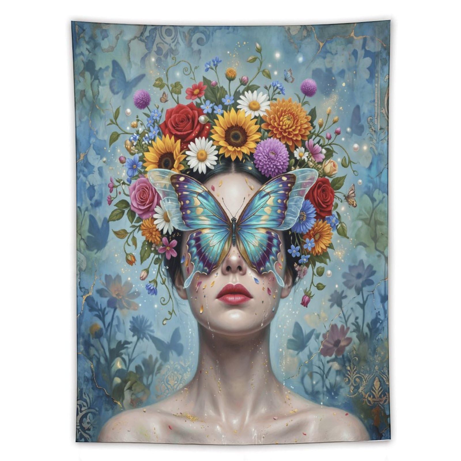 W7C8U2X3 Butterfly Woman Flower Crown Wall Tapestry, Botanical Illustration