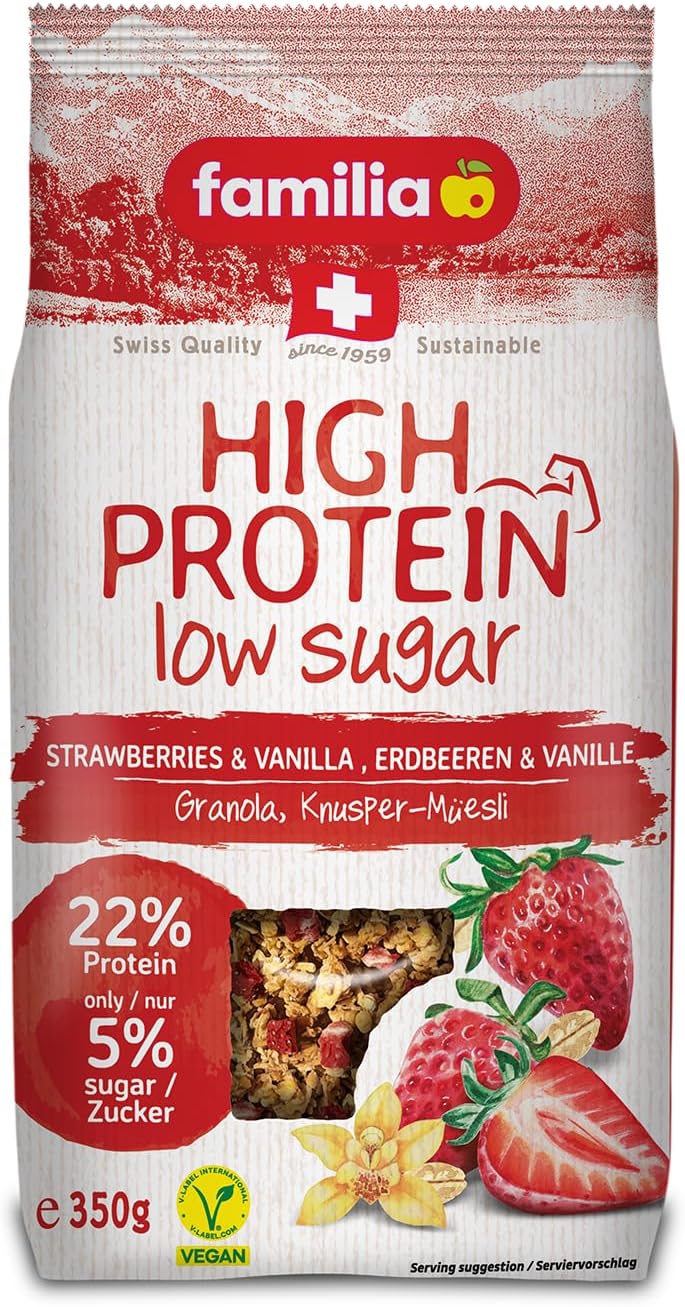 Familia High Protein Muesli, Strawberry & Vanilla, Low Sugar, Vegan - 350g