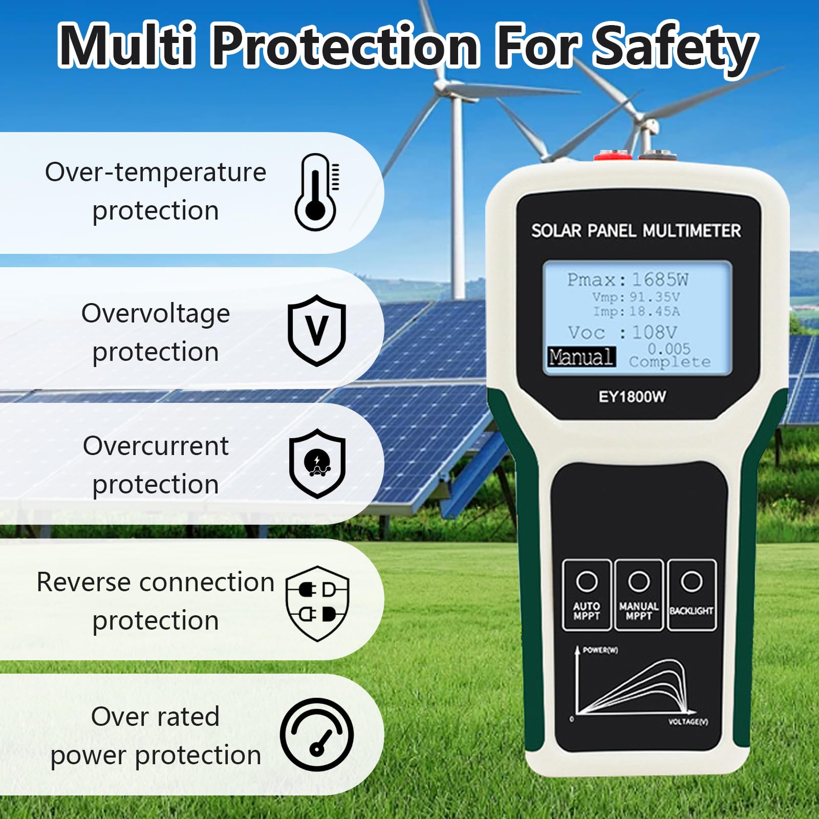 Probador De Paneles Solares, 1800W Multímetro Fotovoltaico Medidor Solar Mppt Con Pantalla Lcd Ultra Clara Gran Tamaño Detección Automática/Manual Mide Voltaje Circuito Abierto Punto Máxima Potencia