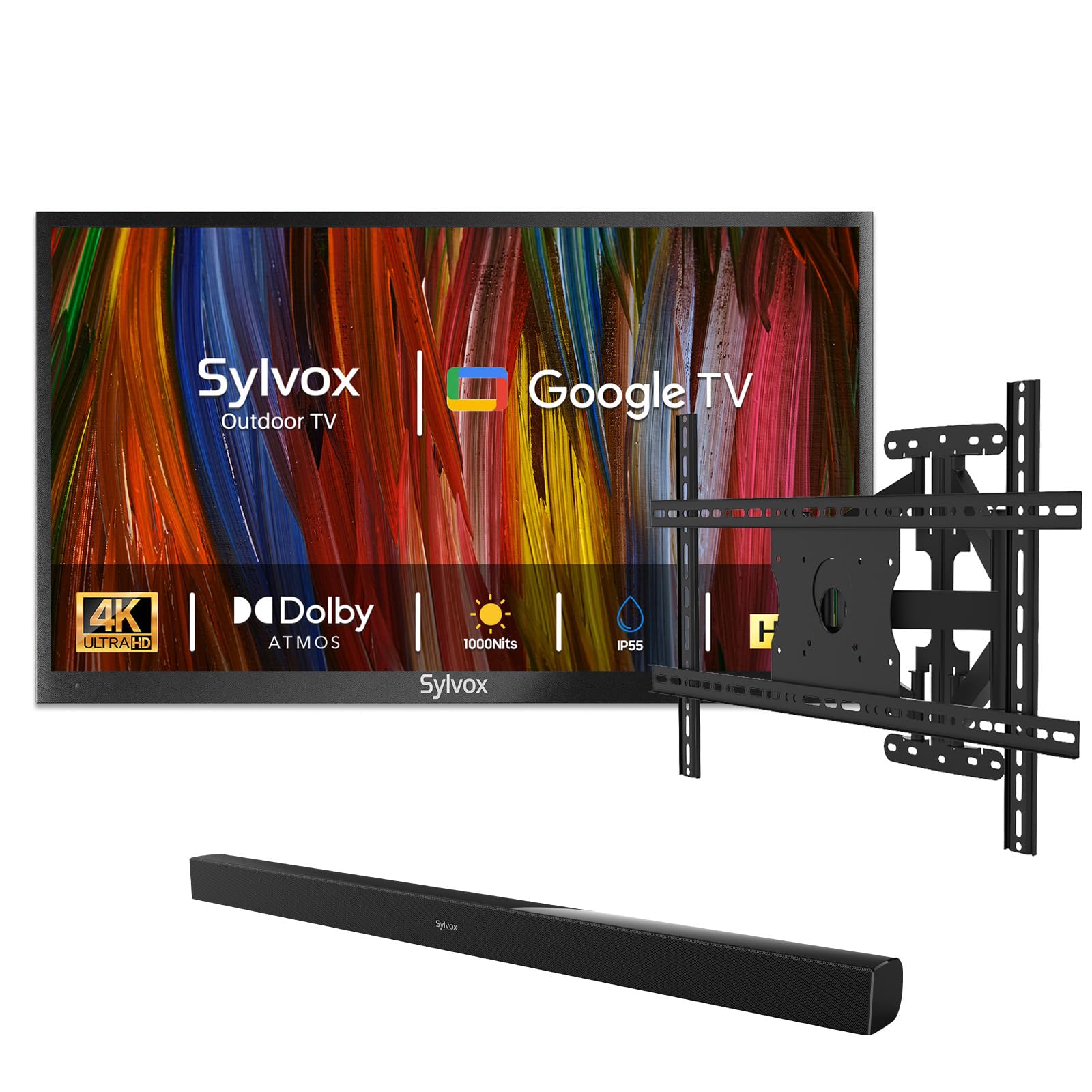 SYLVOX Outdoor TV with Soundbar & TV Mount, 75 inch Smart Outdoor TVs, 4K Weatherproof Television for Outside, Support Google Assistant, 1000 nit Brightness Partial Sun (Deck Pro 2.0/2024)