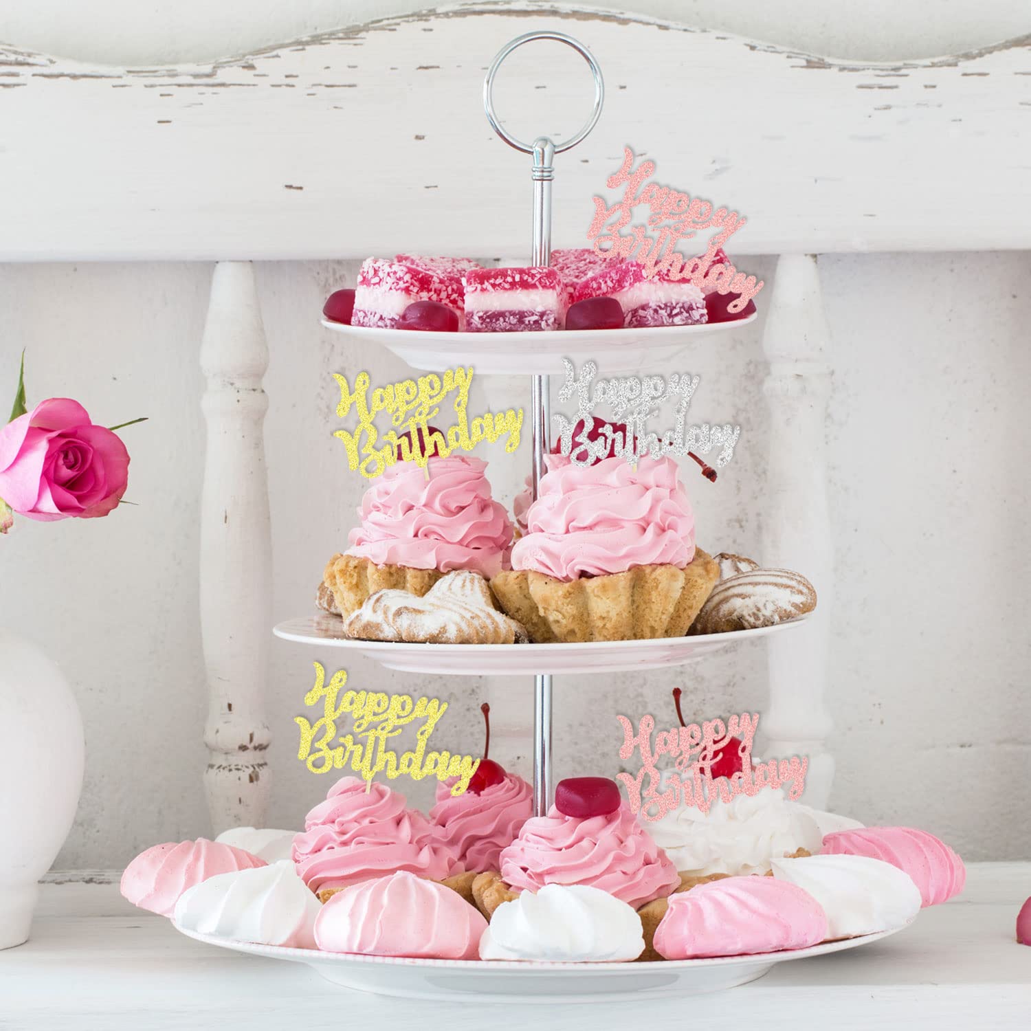 Arthsdite 24 topper per cupcake di buon compleanno, pre-assemblati, con glitter, per torte, cibo, frutta, per festeggiare feste di compleanno