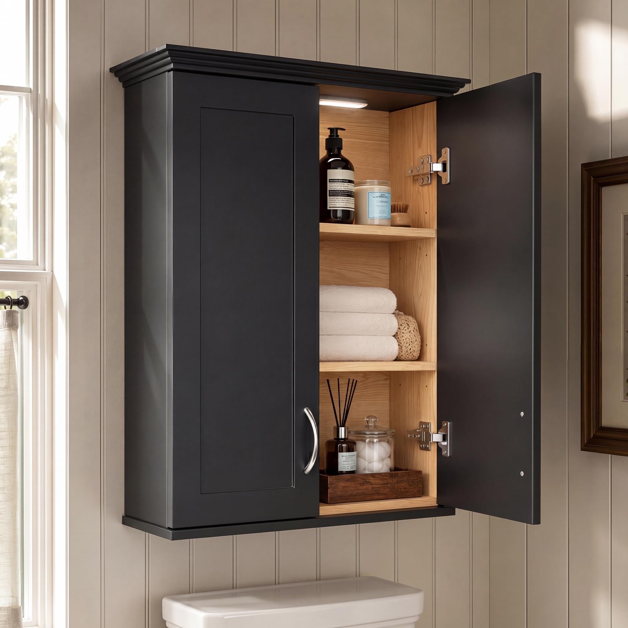 Photo 1 of ***SIMILAR ITEM***
VANIRROR Wall Mounted Bathroom Cabinet with Motion Sensor Light, 23.6 x 28 x 8.3 in Black Over Toilet Medicine Cabinet, 2-Door Wood Storage Cabinet with Adjustable Shelves, Soft Close Hinges