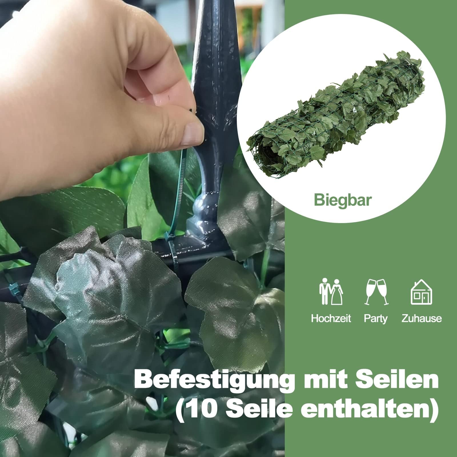 COSTWAY Künstliche Efeu Garten Sichtschutz, Balkonsichtschutz Blätteroptik Windschutz, Pflanzenwand Hecke Efeublättern, für Gartenhecken Balkon Außendekoration, Heckenpflanze Grün (150 x 240 cm)