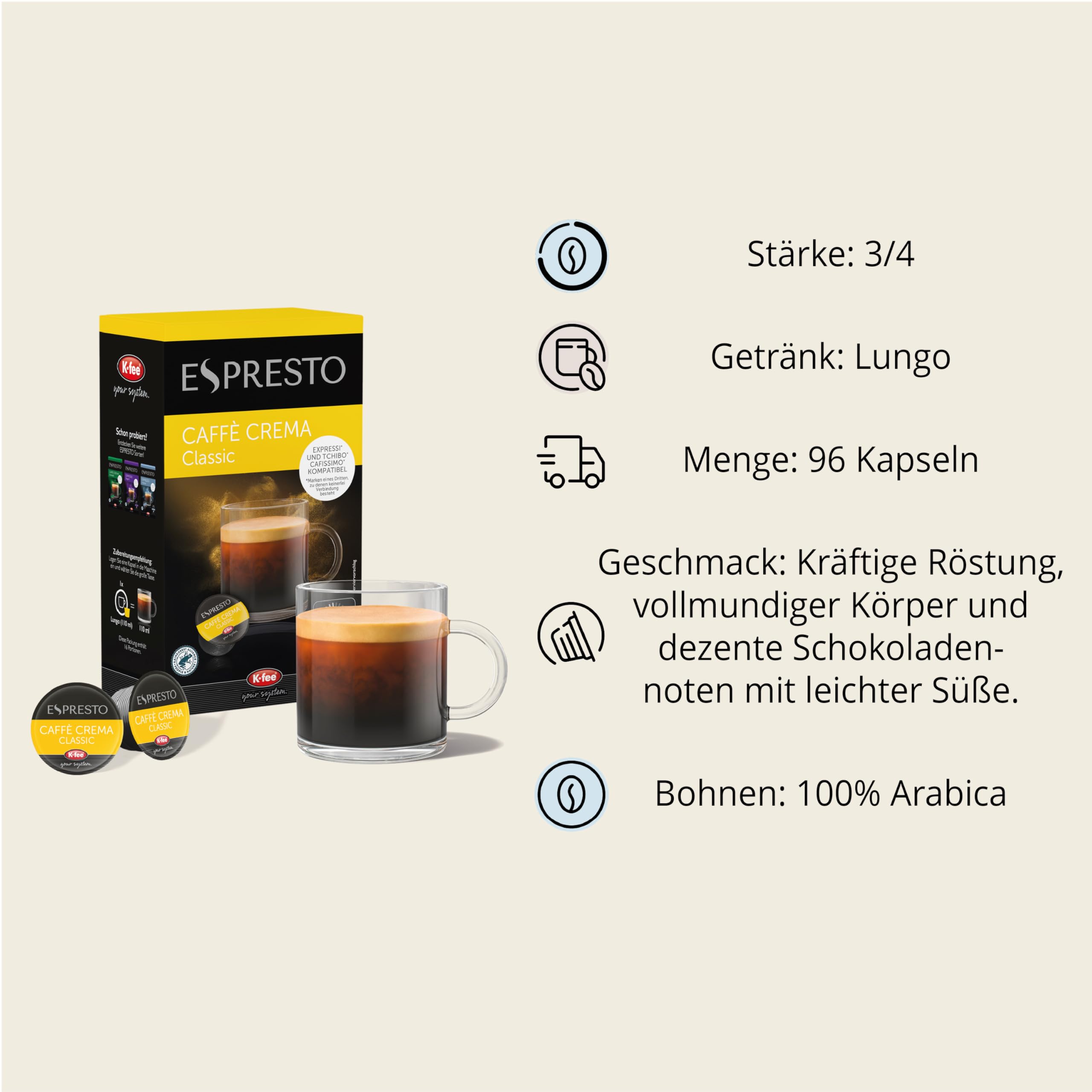 ESPRESTO Caffè Crema Classic, kompatibel mit K-fee & Aldi EXPRESSI*, RFA zertifiziert, 96 Kaffeekapseln