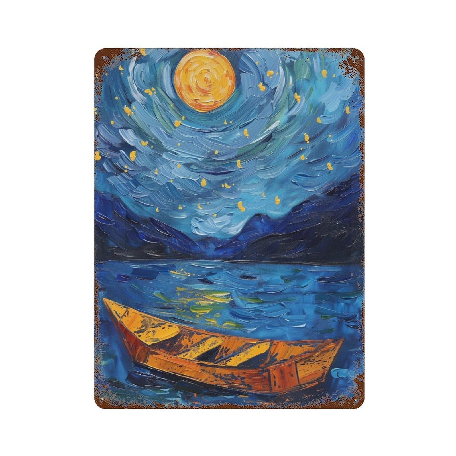 WUJHGRSG Van Gogh Style Twirl Blue Night Waterscape with Golden Vessel 02 Wall Art Retro Iron Vintage Metal Tin Sign Poster Modern Decor for Home Cofffee Club Bar Shop Style 40x30cm