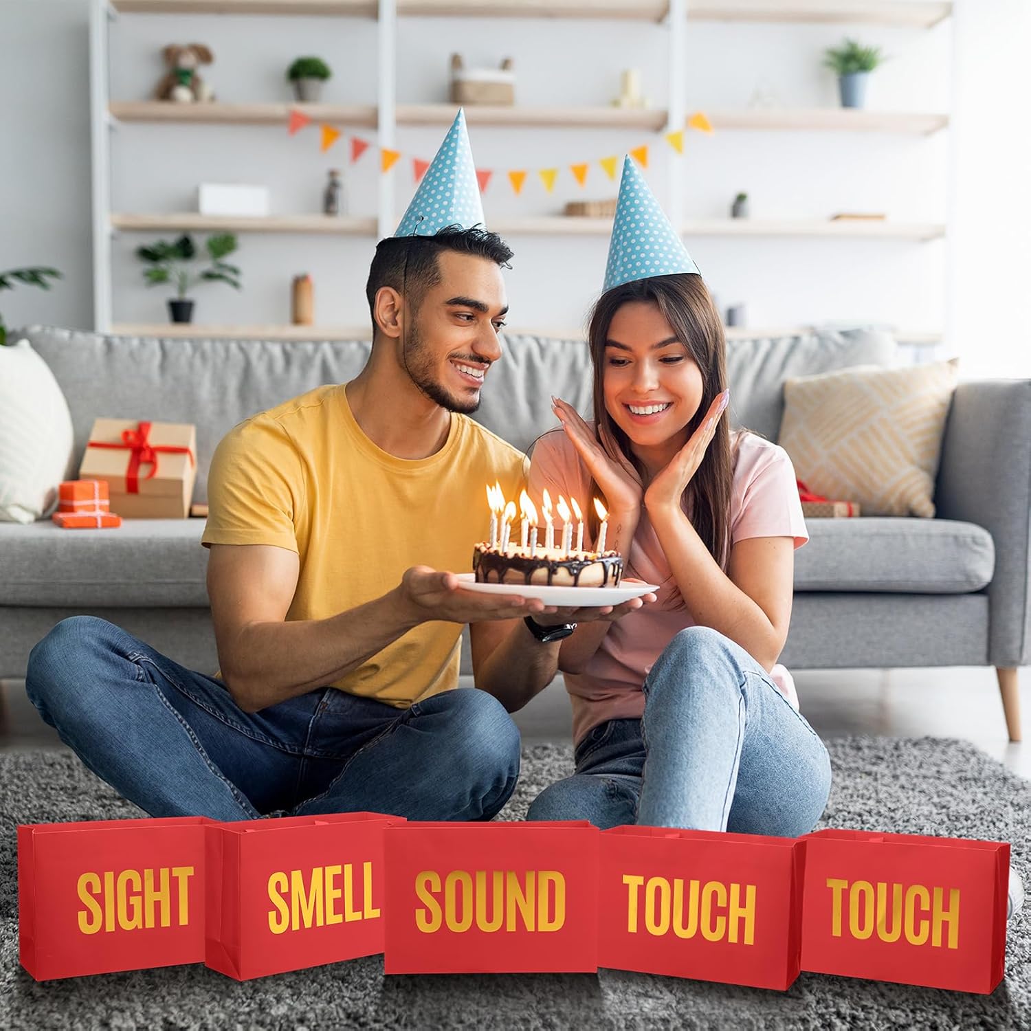 Kolldenn Valentine's Day 5 Senses Gift Bags for Him Her, Valentine Five Senses Gift Paper Kraft Bags with Ribbon Handle for Lover Husband Boyfriend Birthday Party(Red,12.6 x 8.7 x 4 Inch) thumbnail