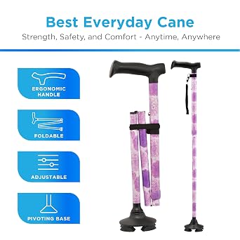 NOVA Foldable Quad Cane for Seniors, Self Standing Adjustable Walking Cane with Pivoting Quad Tip, Lightweight Collapsible Mobility Aid, Bonus Carry Pouch & Replacement Tips, Purple Floral