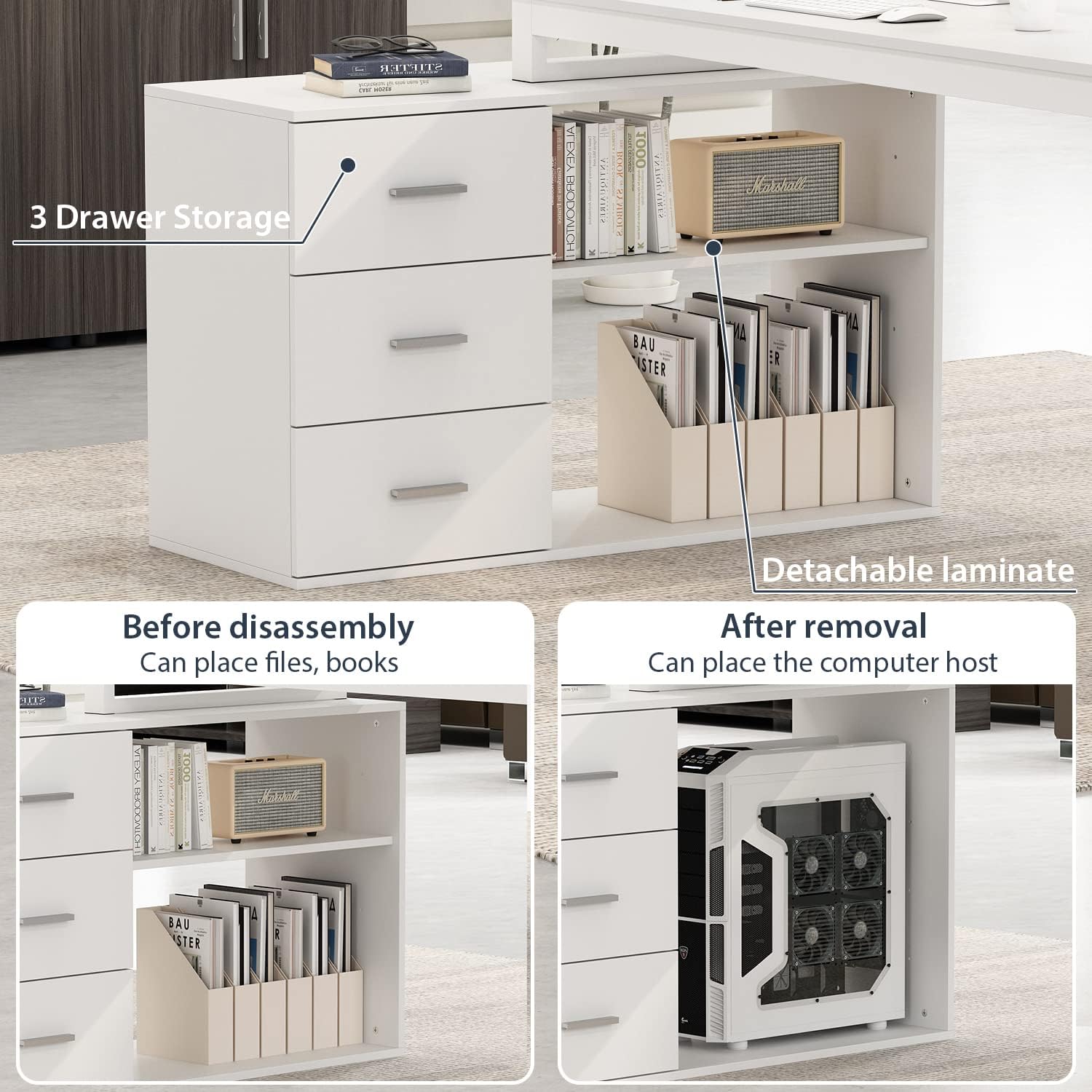 Home Office Computer L-Shaped Desk Corner Desk with 3 Drawers & 2 Shelves, 55 Inch Large Study Writing Table with Storage Cabinet (White)