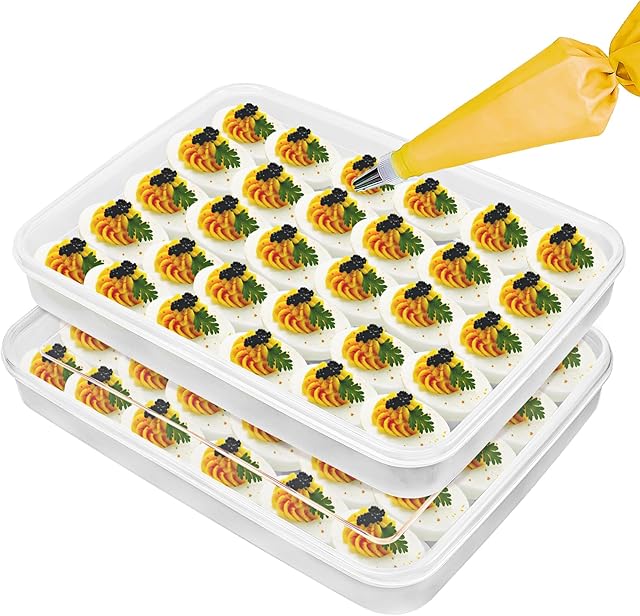 Moretoes 2 Pack Egg Containers Refrigerator Deviled Egg Tray Carrier for 60 Eggs, Plastic Egg Holder with Lid Stackable Portable Devil Egg Dispenser for Protect and Keep Fresh