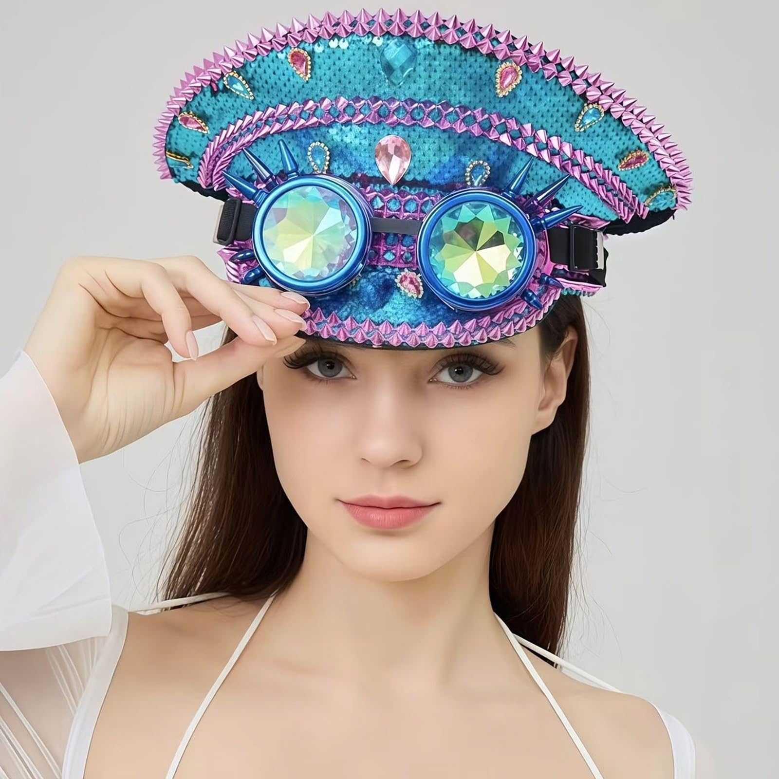 Błyszczące cekinowe czapki kapitana z goglami na festiwal muzyczny maskarady impreza płaski kapelusz odgrywanie ról akcesoria stras czapki