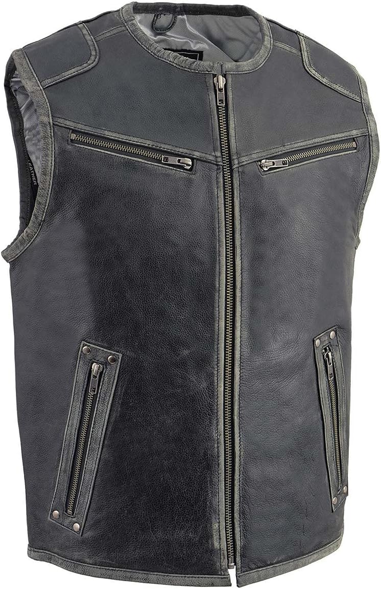 Milwaukee Leather MLM3536 Men’s Vintage Leather Vest- Distressed Grey Front Zipper Collarless Motorcycle Rider Vest