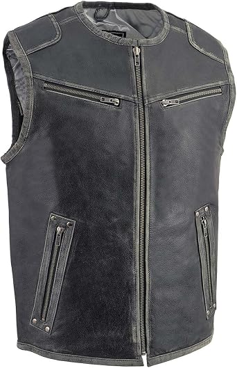 Milwaukee Leather MLM3536 Mens Distressed Grey Leather Collarless Motorcycle Rider Vest
