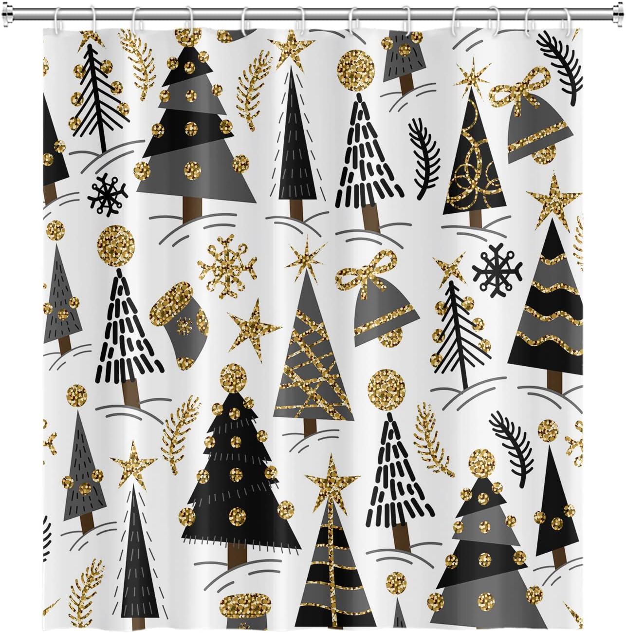 Merry Christmas Shower Curtain for Bathroom Black and Gold Xmas Tree Star Winter Snowflakes Shower Curtain Washable Durable Fabric Home Decorative Shower Curtain with Hooks, 72x96 Inch