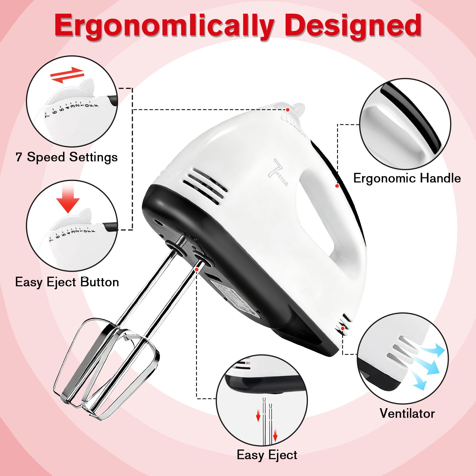 Elektrischer Handmixer mit Edelstahl-Schüssel-Set–Handmixer mit Turbo-Boost-Funktion und 7 Geschwindigkeitsstufen, großen Rührschüsseln, Messbechern, Löffeln und Silikonspatel für das Backen in Küche