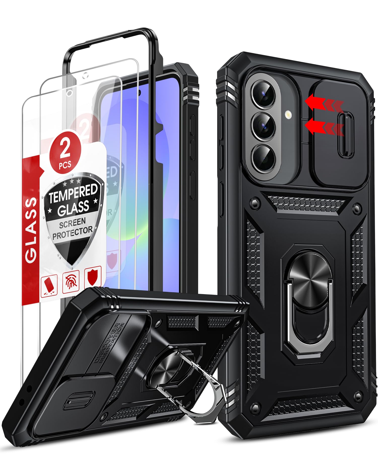 LeYi for Samsung Galaxy A37 5G Phone Case with Camera Cover Slider, Black | and 2 Tempered Glass Screen Protector, Ring Stand Holder, 360° Full Body Tough Armour Cover Hard Heavy Duty Protective
