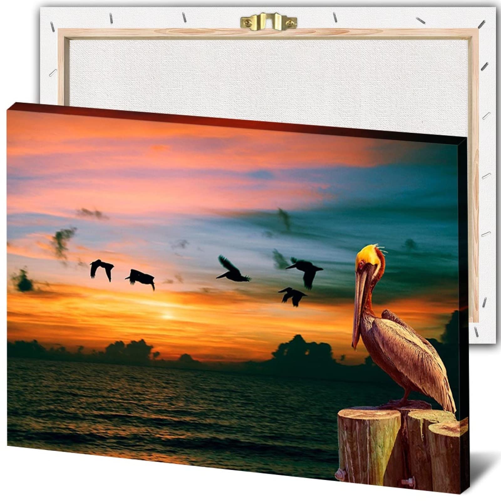 JIUJIUJIU Landschaft Wandkunst Malerei Wandbild Sonnenuntergang Nachglühen Meer Wasservogel Drucke &; Poster Leinwand Bilder Kunstwerk für Wohnkultur, 42 * 60 cm, gerahmt
