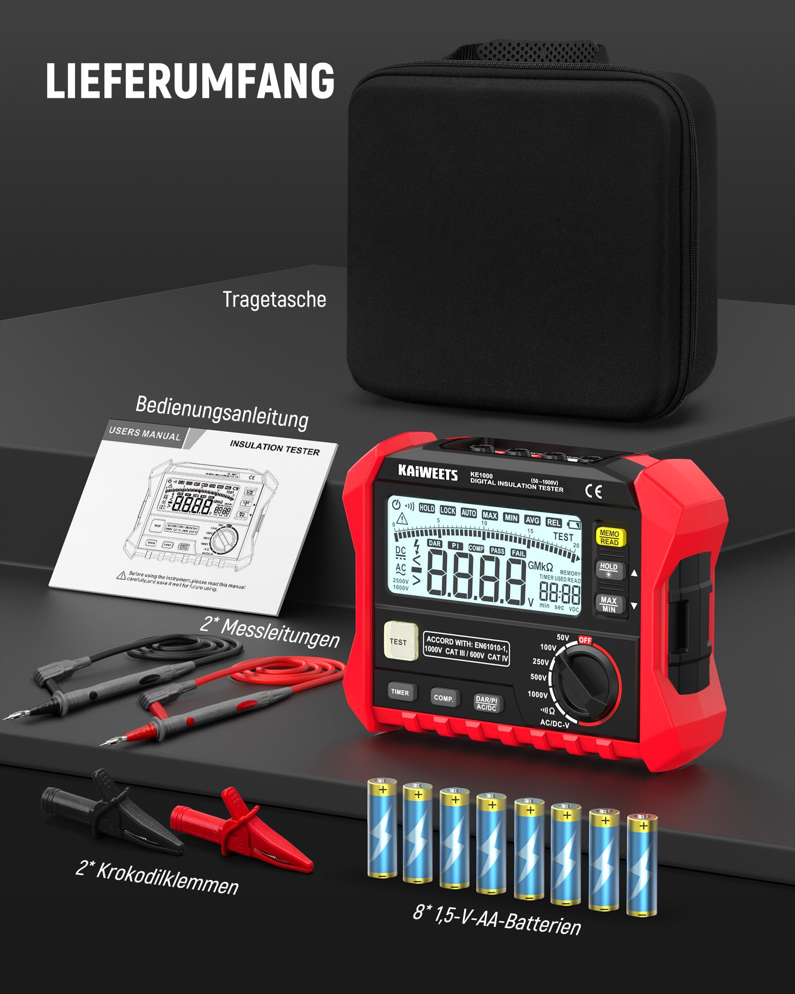 KAIWEETS Isolationsmessgerät, Isolationswiderstandsmessgerät, bis zu 100 GΩ, 50 V/100 V/250 V/500 V/1000 V, One-Touch-DAR/PI, mit AC/DC-Spannungsprüfung für Motoren, Solar, HLK