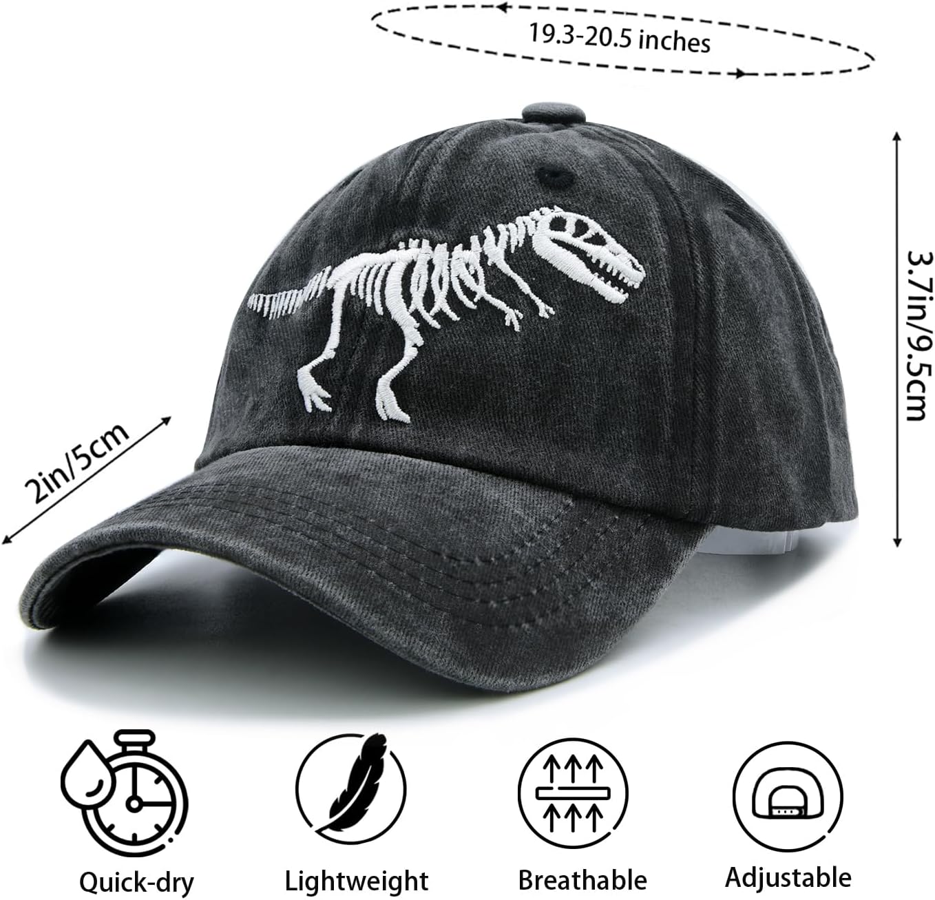 Boys' Skull Dinosaur Hat, Embroidered Dino Washed Adjustable Baseball Cap for Kids Age 3-11 - Image 2