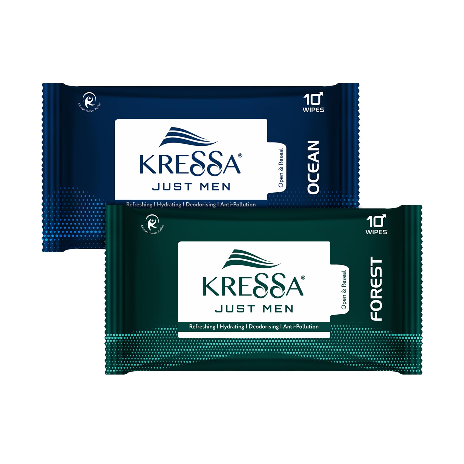 Kressa Face Wipes For Men | Forest and Ocean | Refreshing Anti-pollution Deodorizing Wipes | Pack of 2-20 Wipes