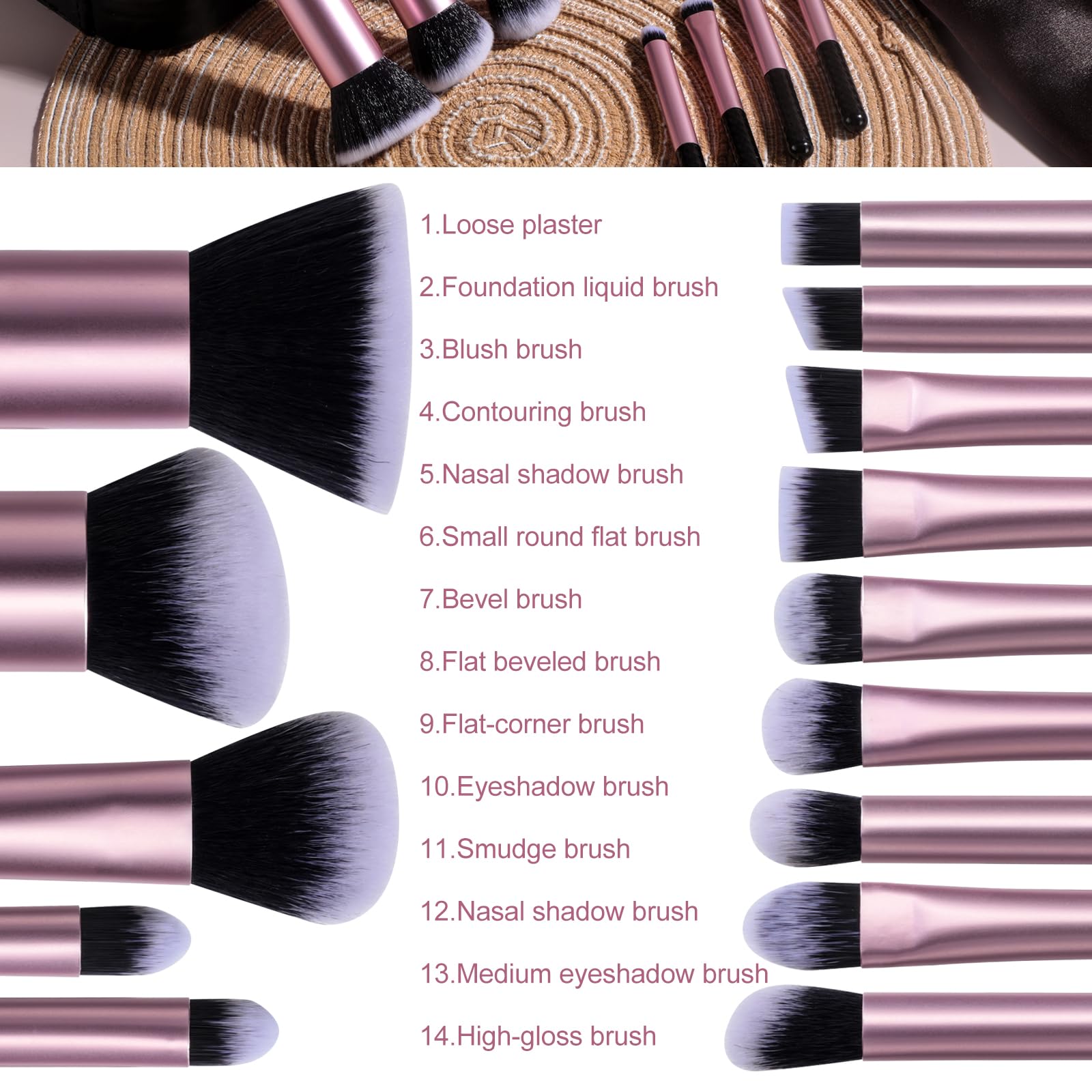 BS-MALL Juego de 14 brochas de maquillaje con espejo de luz LED, herramientas cosméticas de primera calidad para rutinas de belleza impecables (negro)