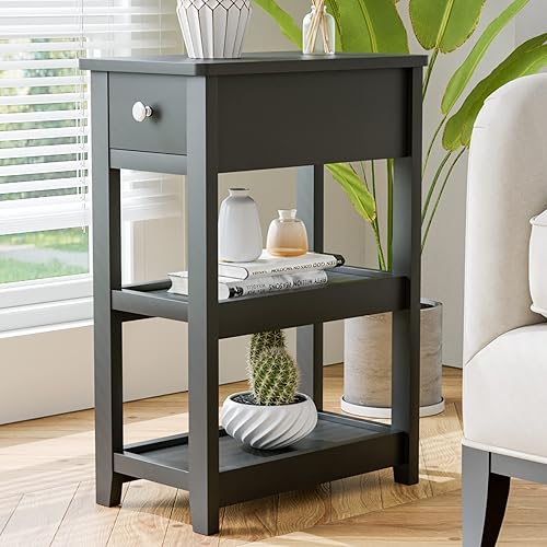 SEJOV Mesa auxiliar, mesita de noche negra de 3 niveles con cajón y 2 estantes, con aspecto de madera, mesas auxiliares estrechas, sala de estar,
