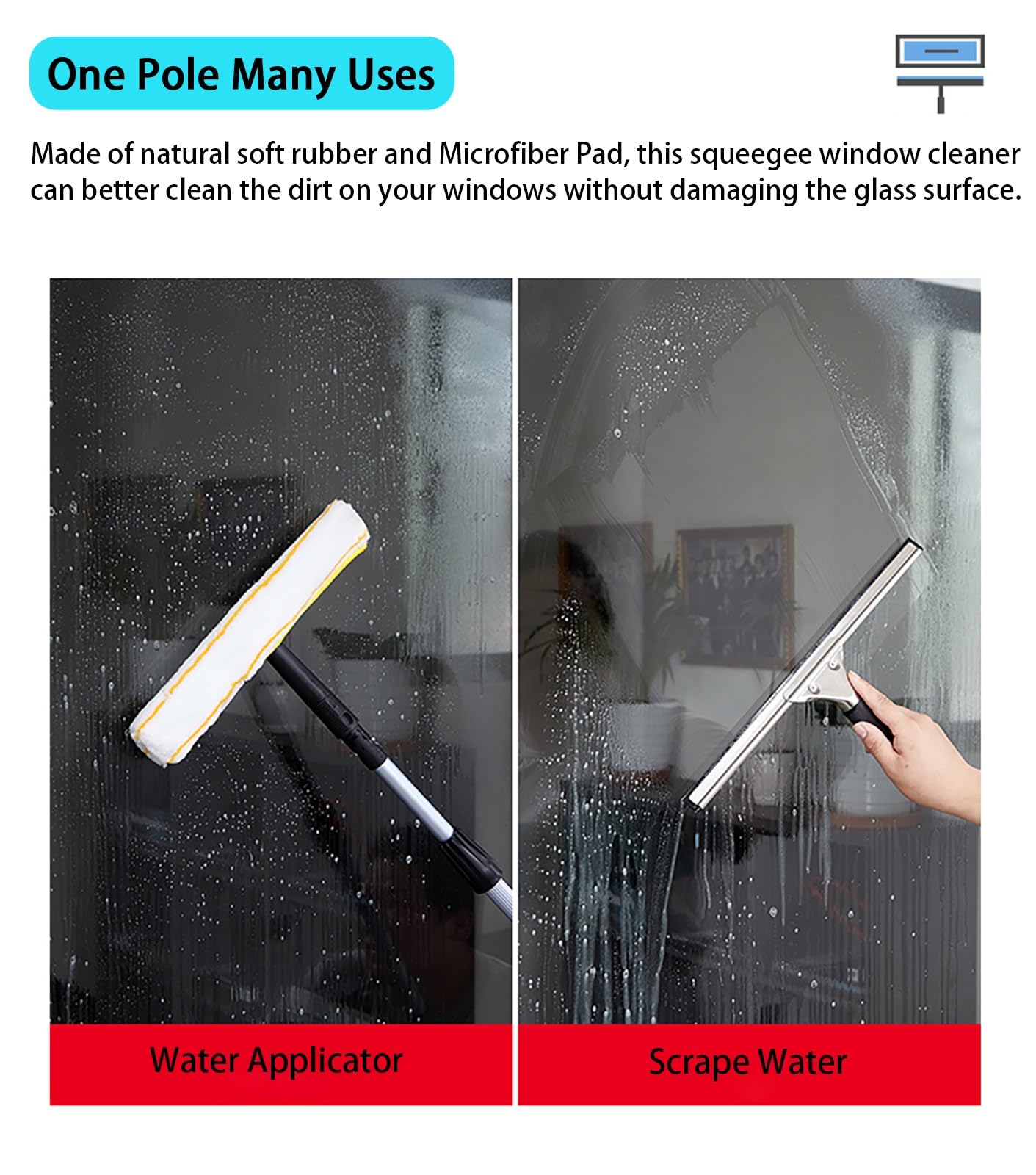 Fensterreinigungsstange 2 Floor Window Washing Equipment with Stone Shovel, 3-in-1 Outdoor High Windows Cleaner Tool with 1.2/ 2.4/ 3.6 M Adjustable Pole & 35 Cm Squeegee, Auto Glass Cleaning Kit(2.4m