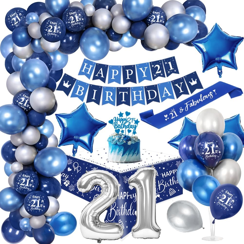 21st Birthday Decoration Men 21 Years Blue Silver Balloon Arch Kit with Happy Birthday Banner Cake Topper Tablecloth Birthday Sash Large Number 21 Balloons Chrome Blue Silver Balloons