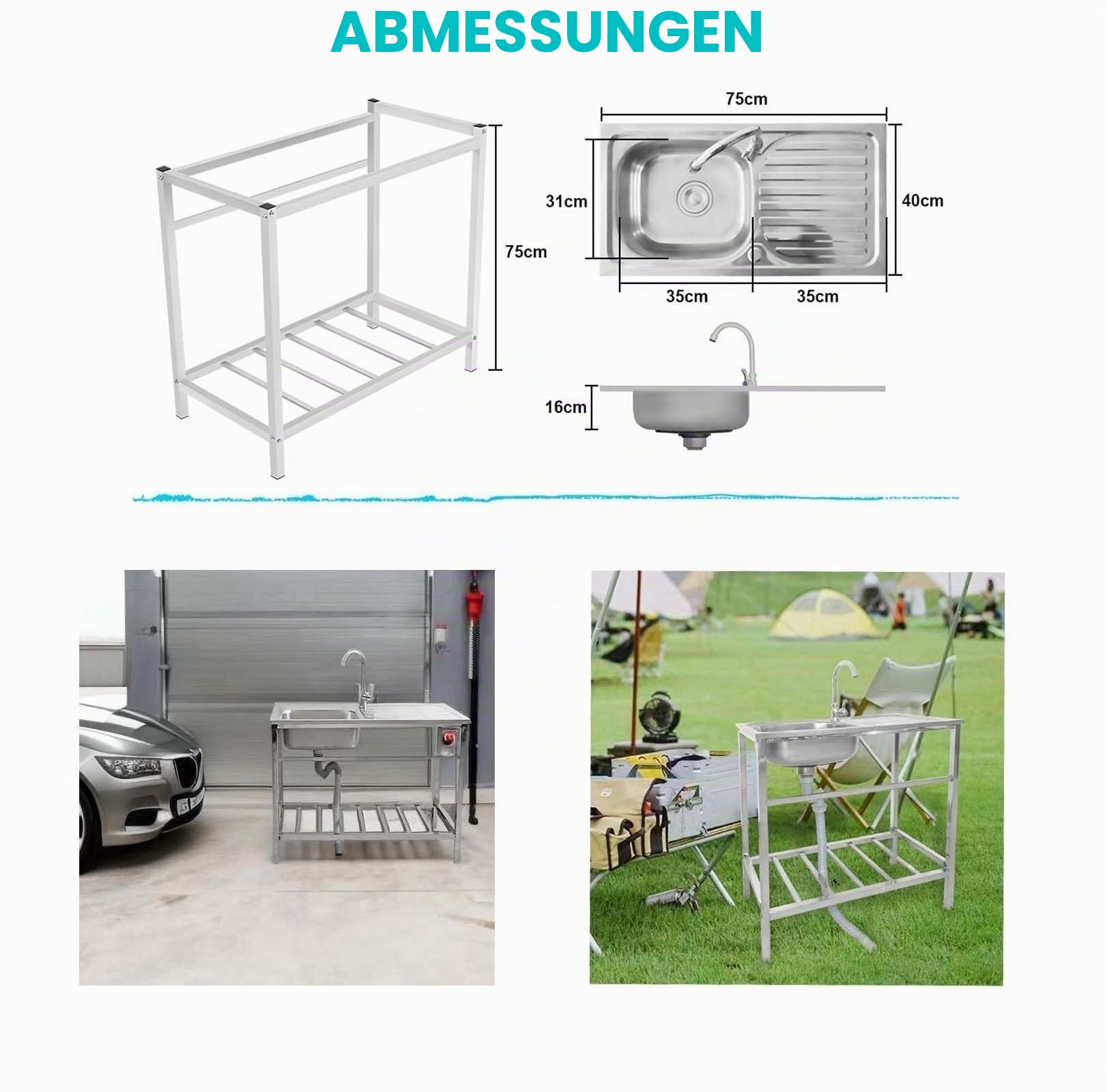 Edelstahl Spülbecken Outdoor Mobile Spüle Freistehende Spülbecken Küche Waschbecken Mit Wasserhahn & Schwammbürste Gewerbliche Spüle 75 × 40 × 75 Cm Für Garage Waschküche Campingküche